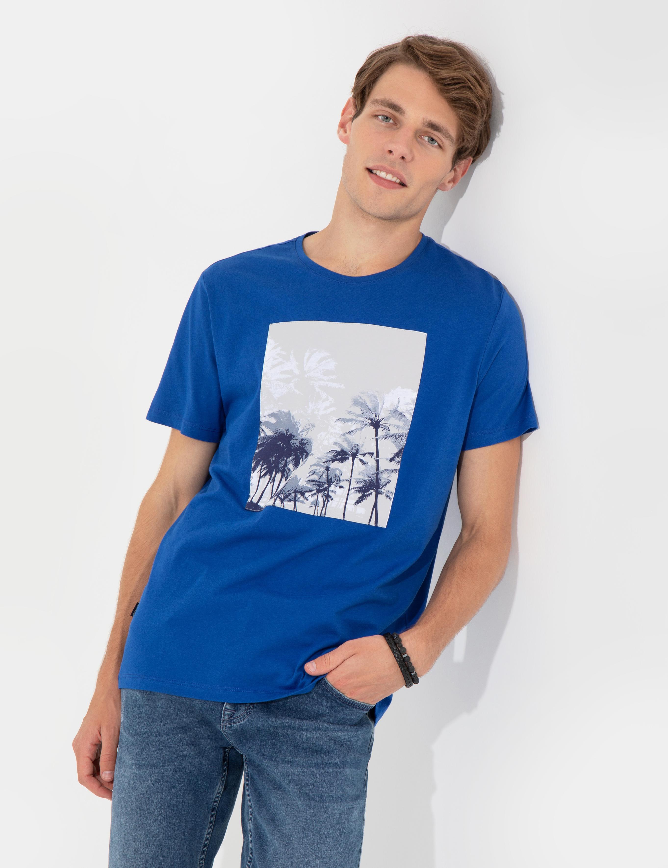 Mavi Slim Fit Baskılı Bisiklet Yaka Tişört