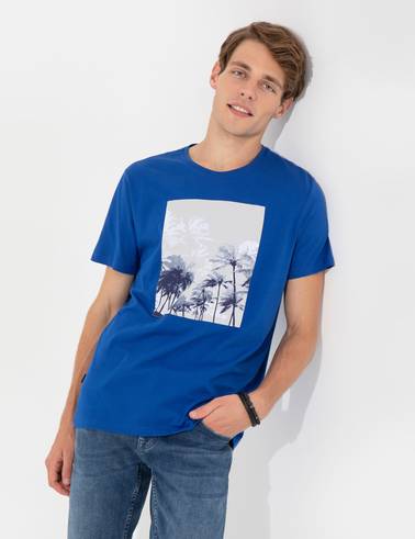 Mavi Slim Fit Baskılı Bisiklet Yaka Tişört