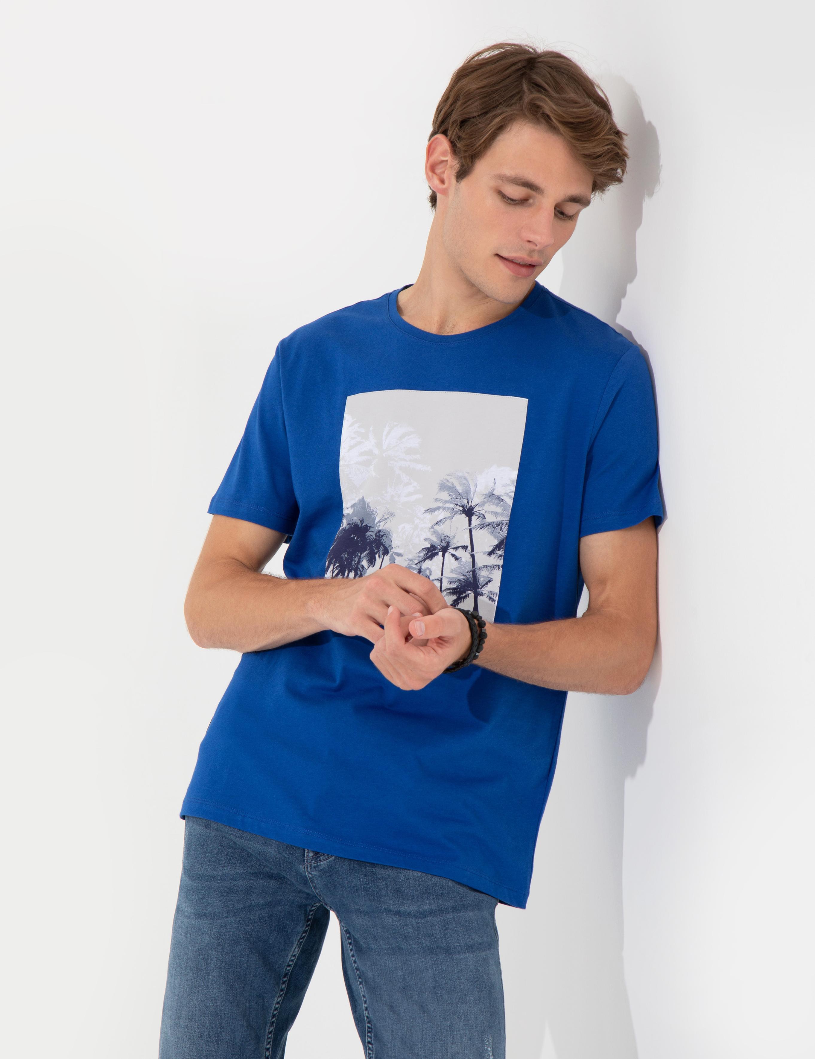 Mavi Slim Fit Baskılı Bisiklet Yaka Tişört