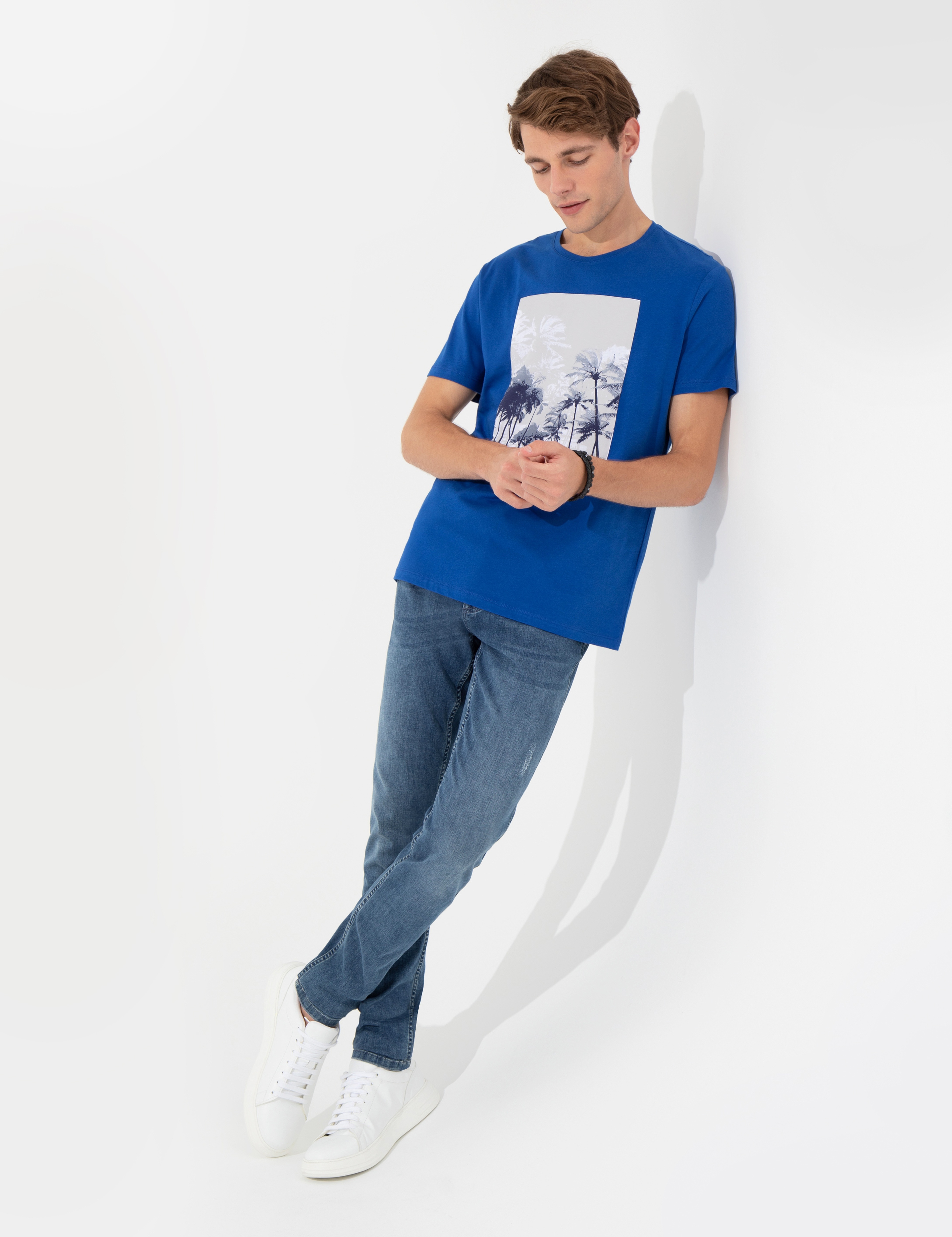 Mavi Slim Fit Baskılı Bisiklet Yaka Tişört - Image 4