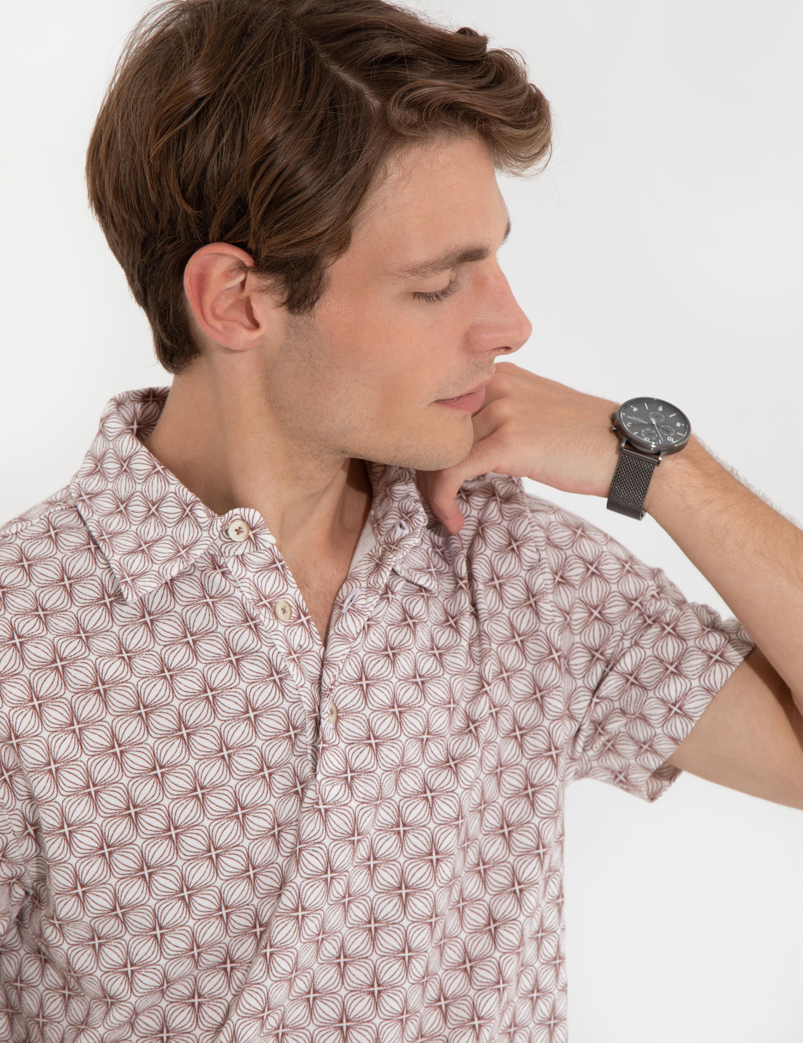 Açık Kahverengi Slim Fit Baskılı Polo Yaka Tişört