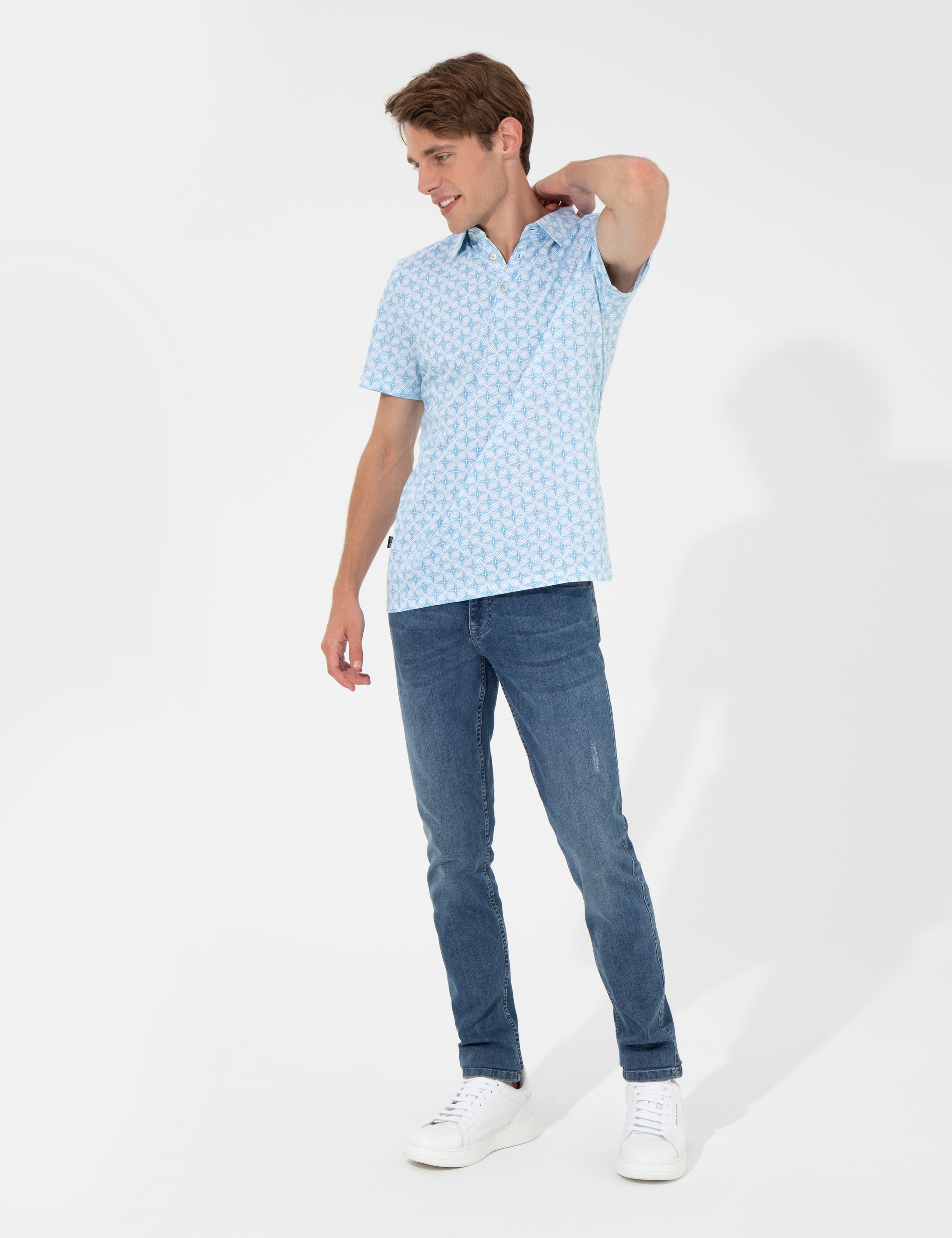 Mavi Slim Fit Desenli Polo Yaka Tişört