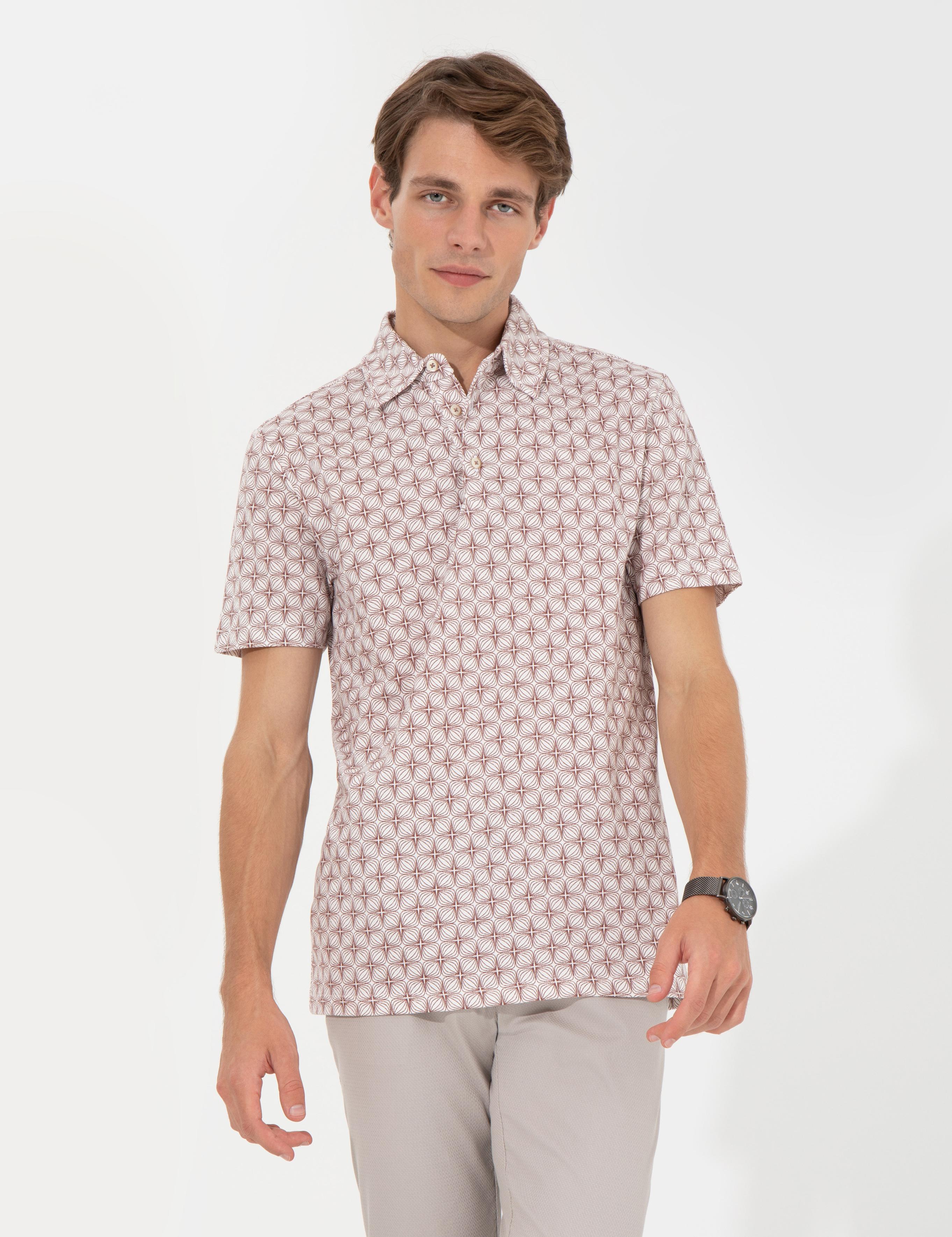 Açık Kahverengi Slim Fit Baskılı Polo Yaka Tişört