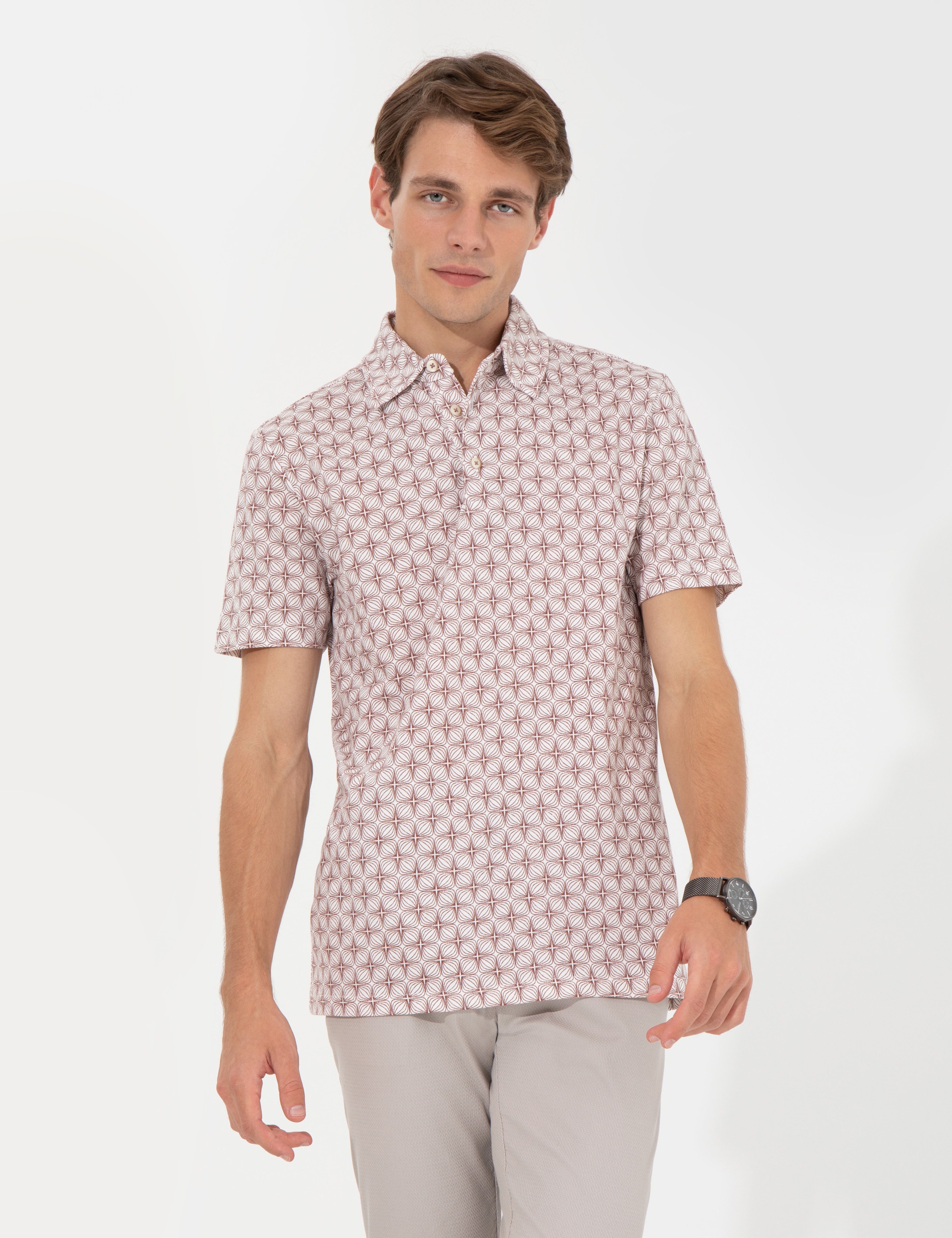 Açık Kahverengi Slim Fit Baskılı Polo Yaka Tişört - Image 3