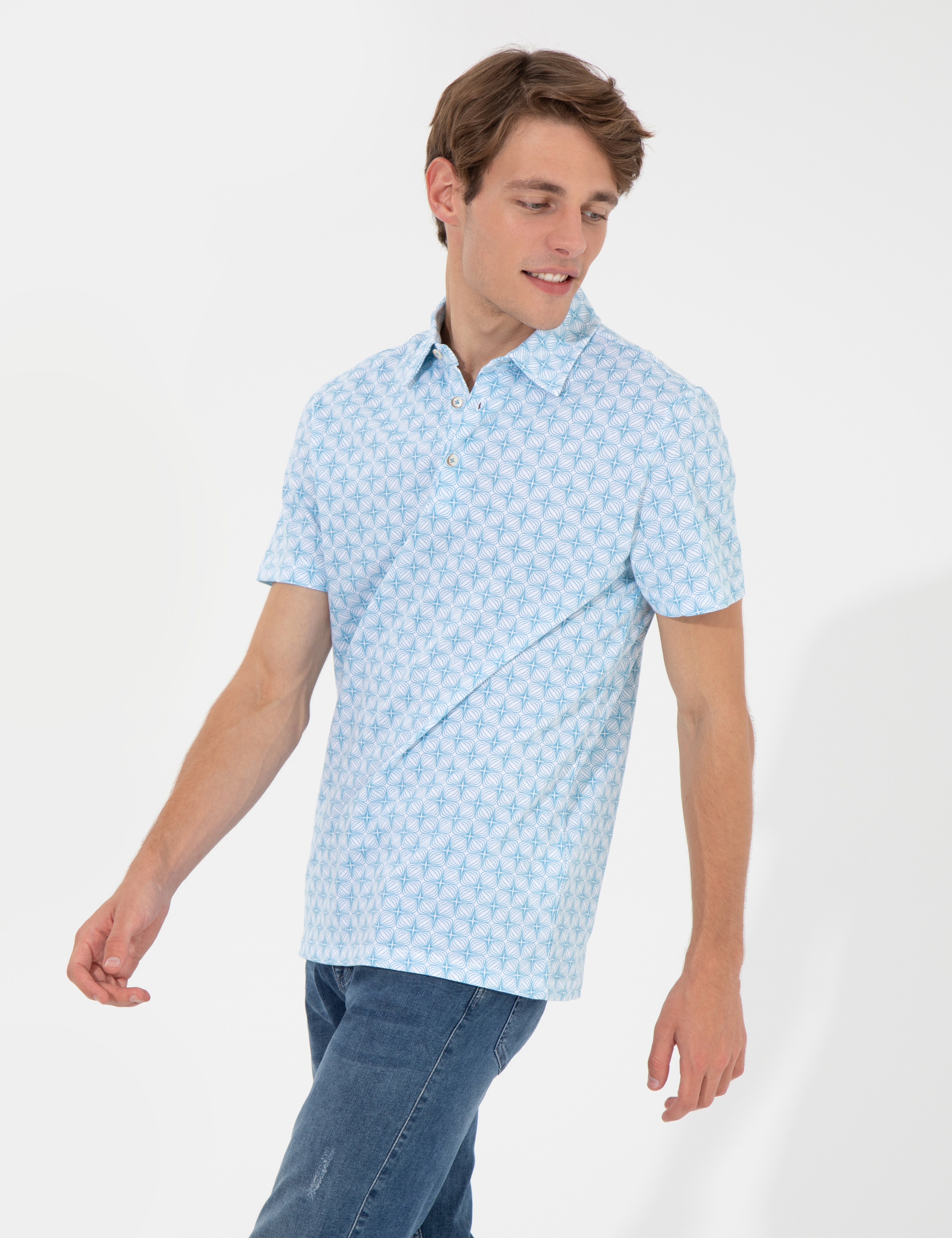 Mavi Slim Fit Desenli Polo Yaka Tişört