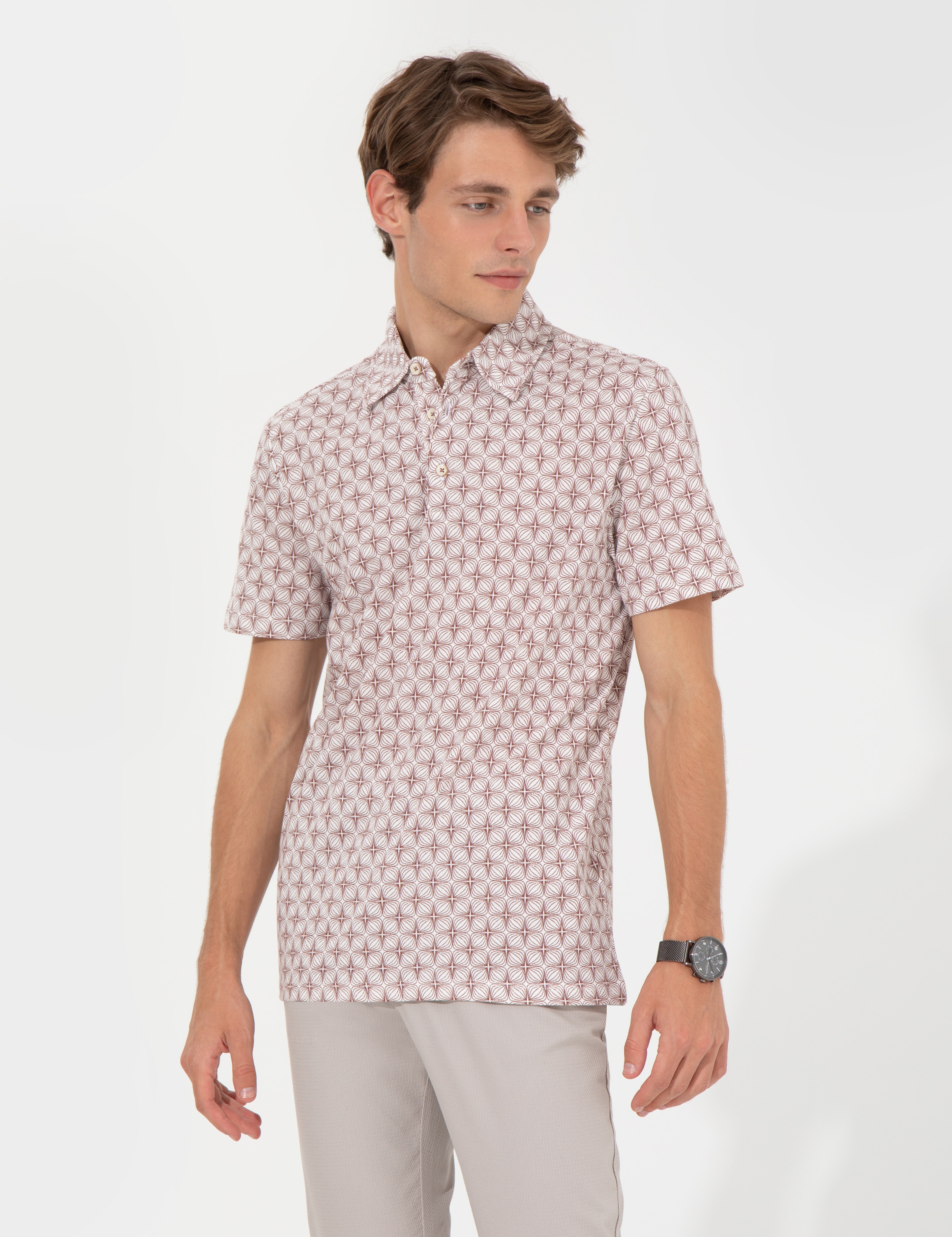 Açık Kahverengi Slim Fit Baskılı Polo Yaka Tişört - Image 2