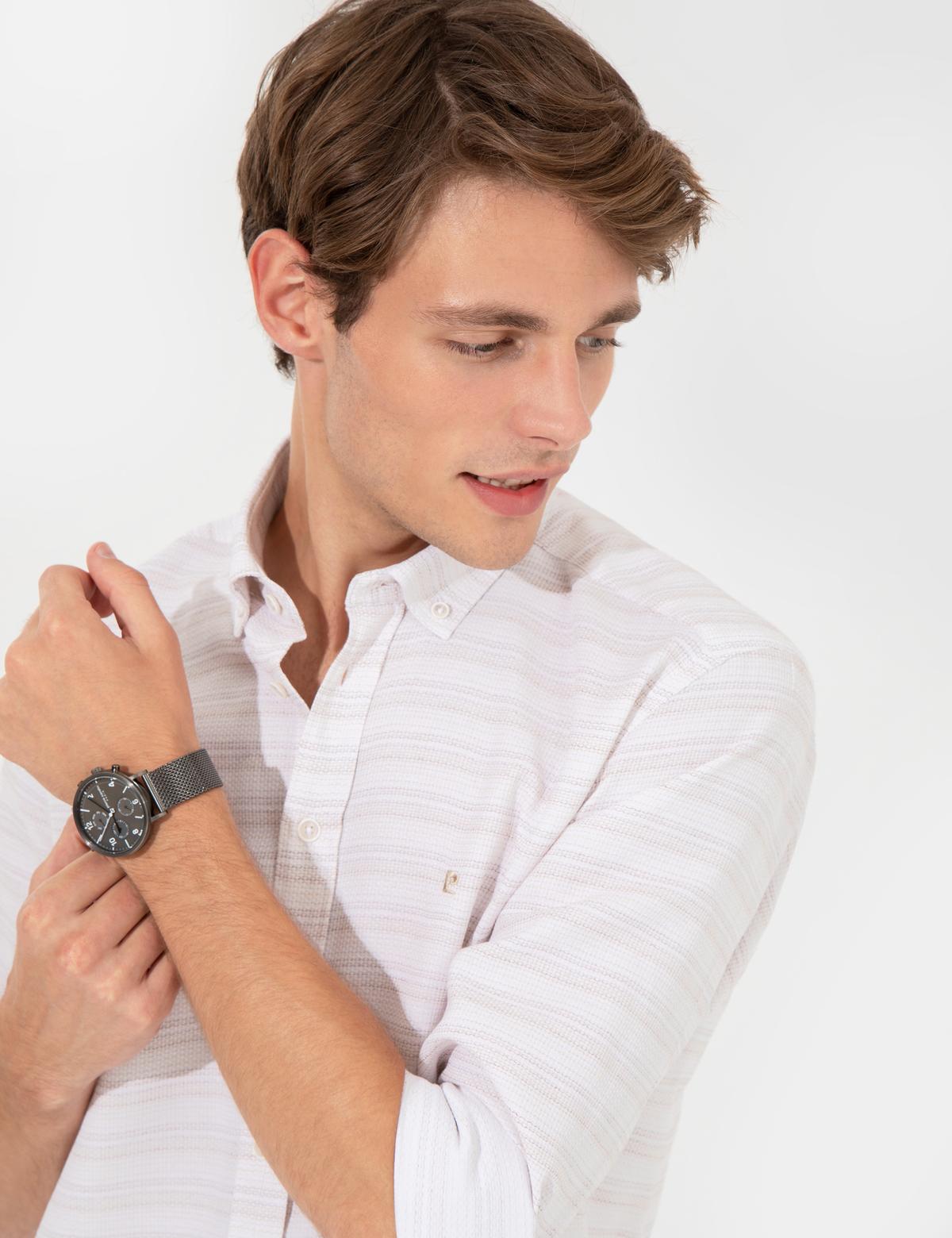 Bej Slim Fit Uzun Kollu Gömlek