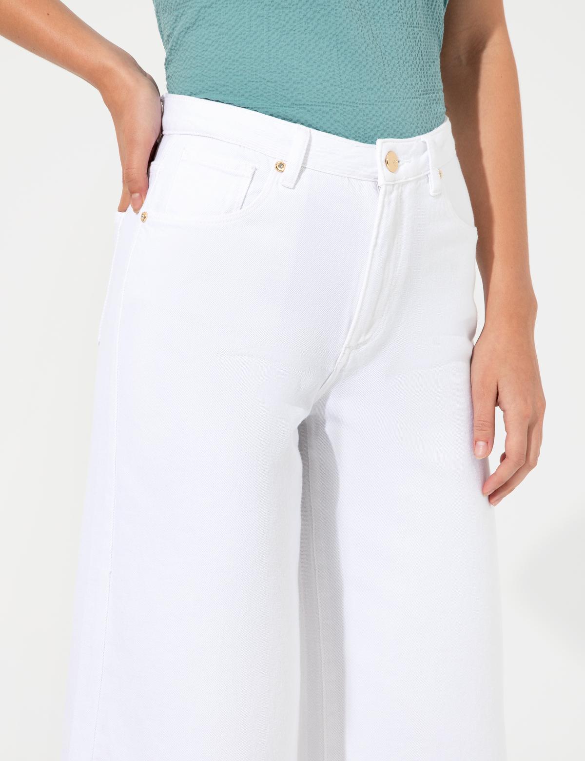 Beyaz Flare Cropped Kanvas Pantolon - 50246730037