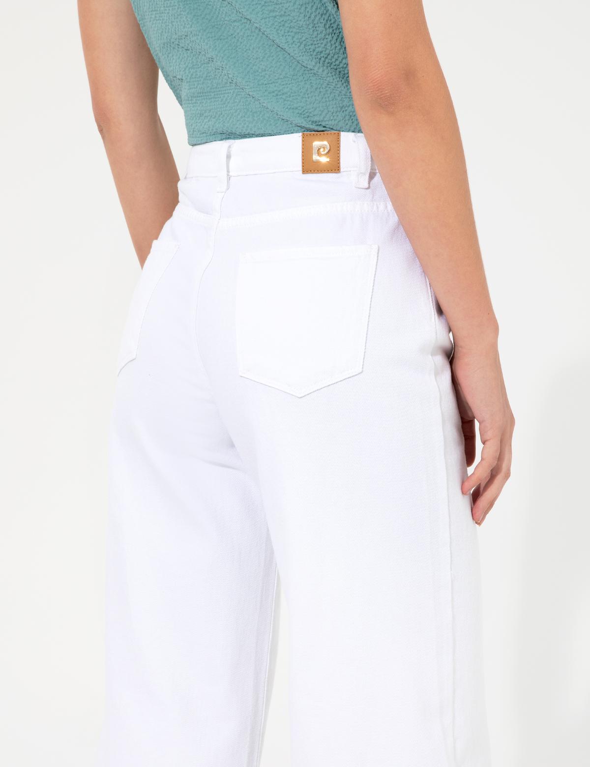 Beyaz Flare Cropped Kanvas Pantolon - 50246730037