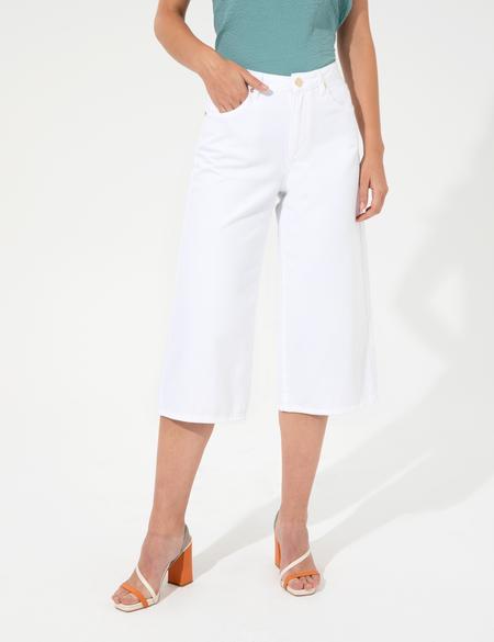 Beyaz Flare Cropped Kanvas Pantolon - 50246730037