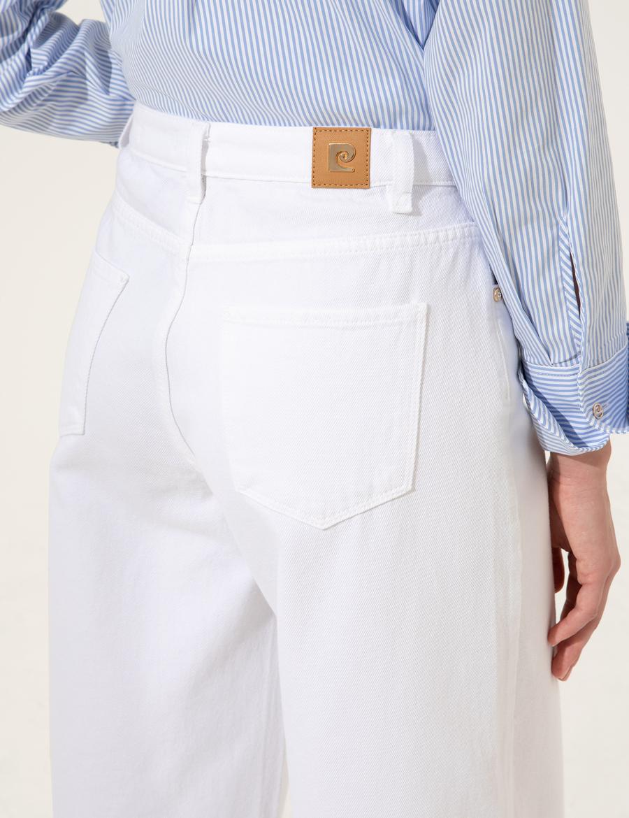 Beyaz Flare Cropped Kanvas Pantolon