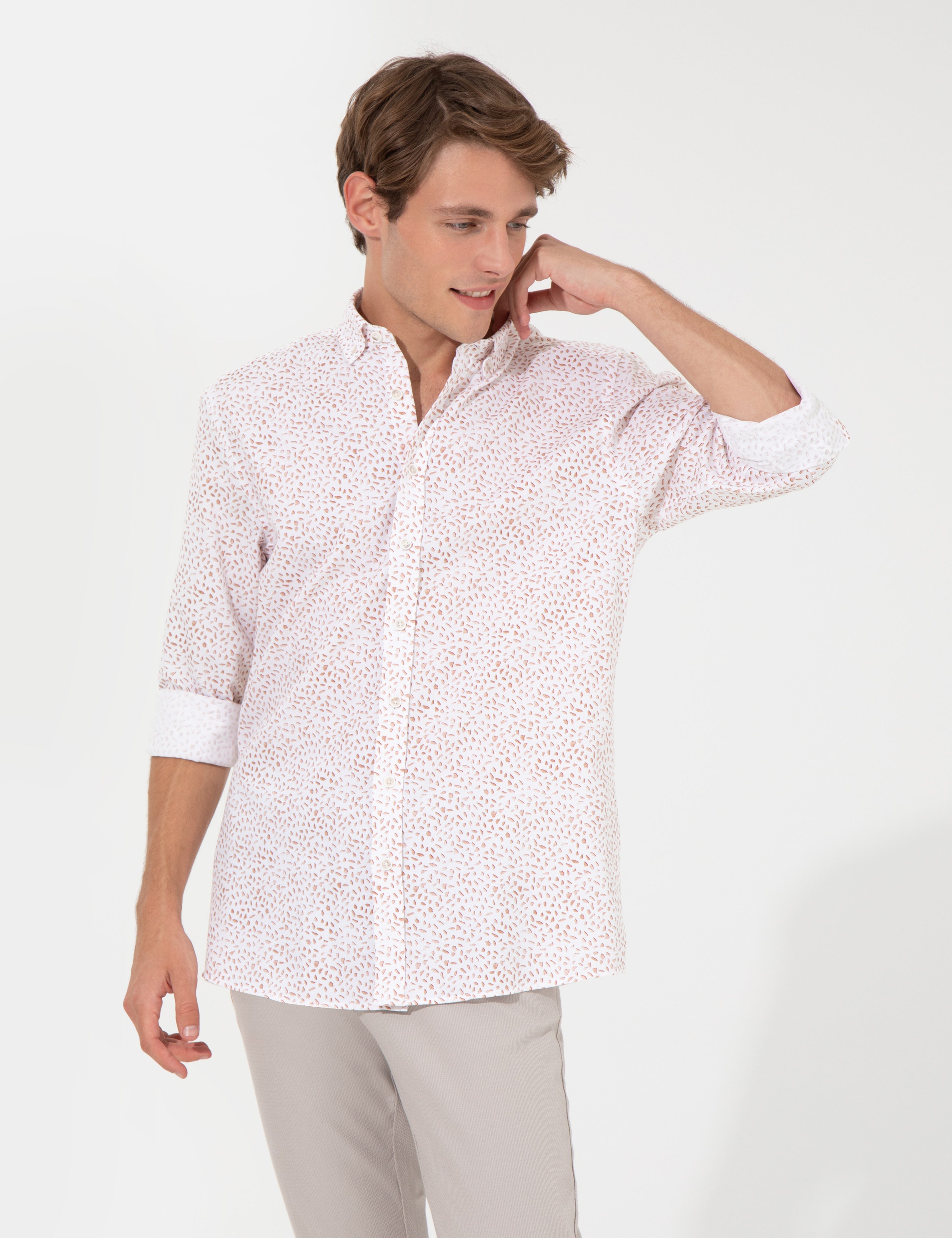 Açık Kahverengi Slim Fit Uzun Kollu Gömlek - Image 3