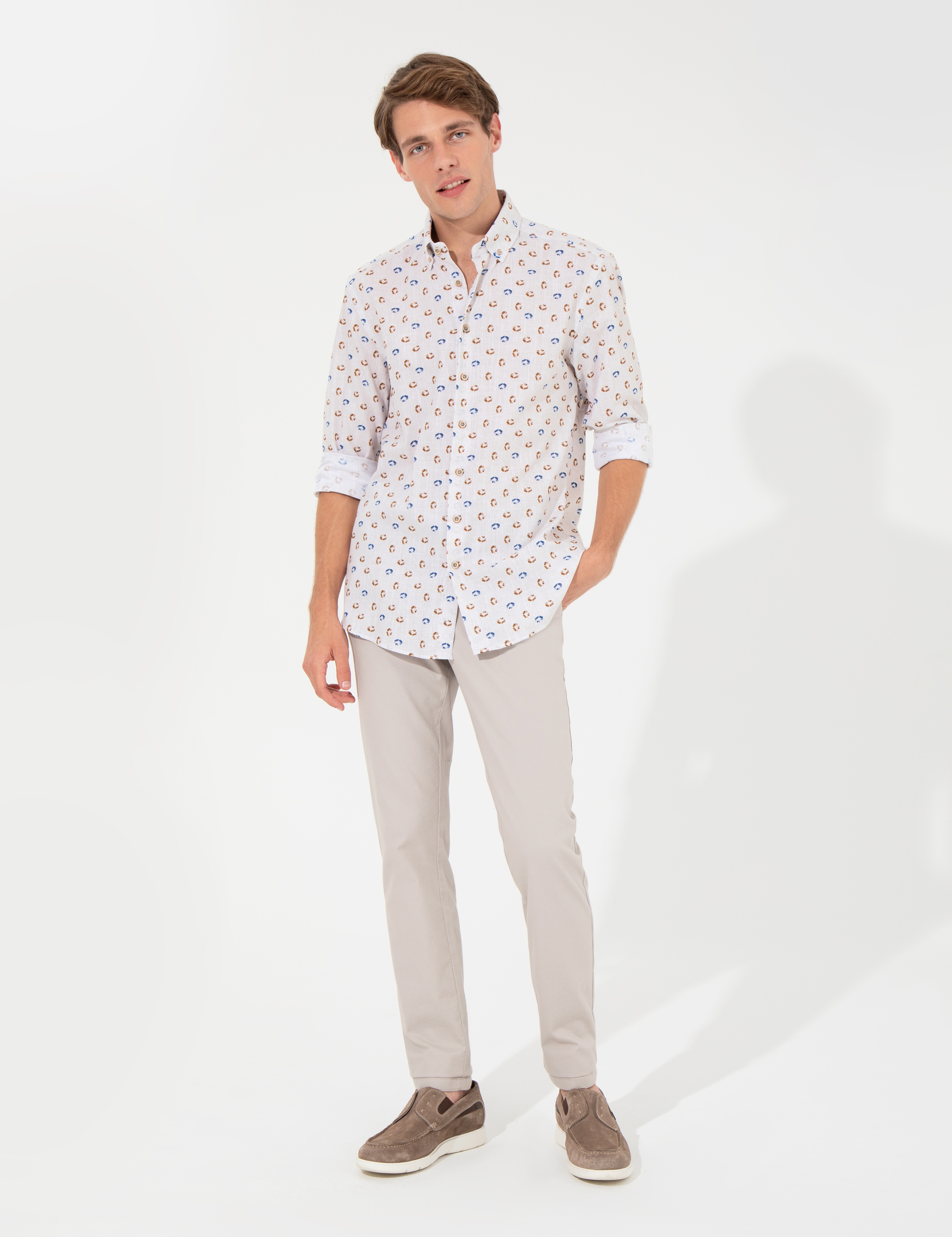 Bej Slim Fit Uzun Kollu Gömlek