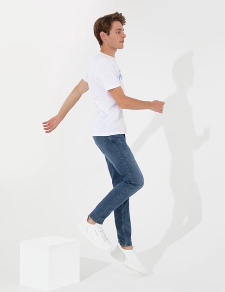 Beyaz Slim Fit Baskılı Bisiklet Yaka Tişört - 50249871015