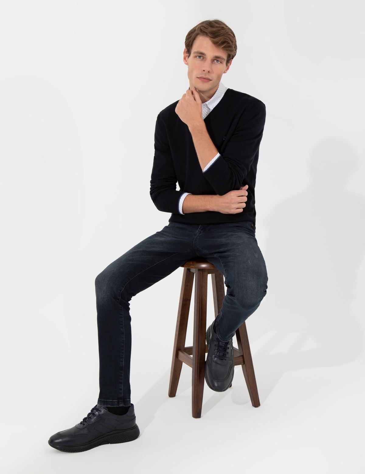 Lacivert Slim Fit V Yaka Basic Triko Kazak - 50248554008