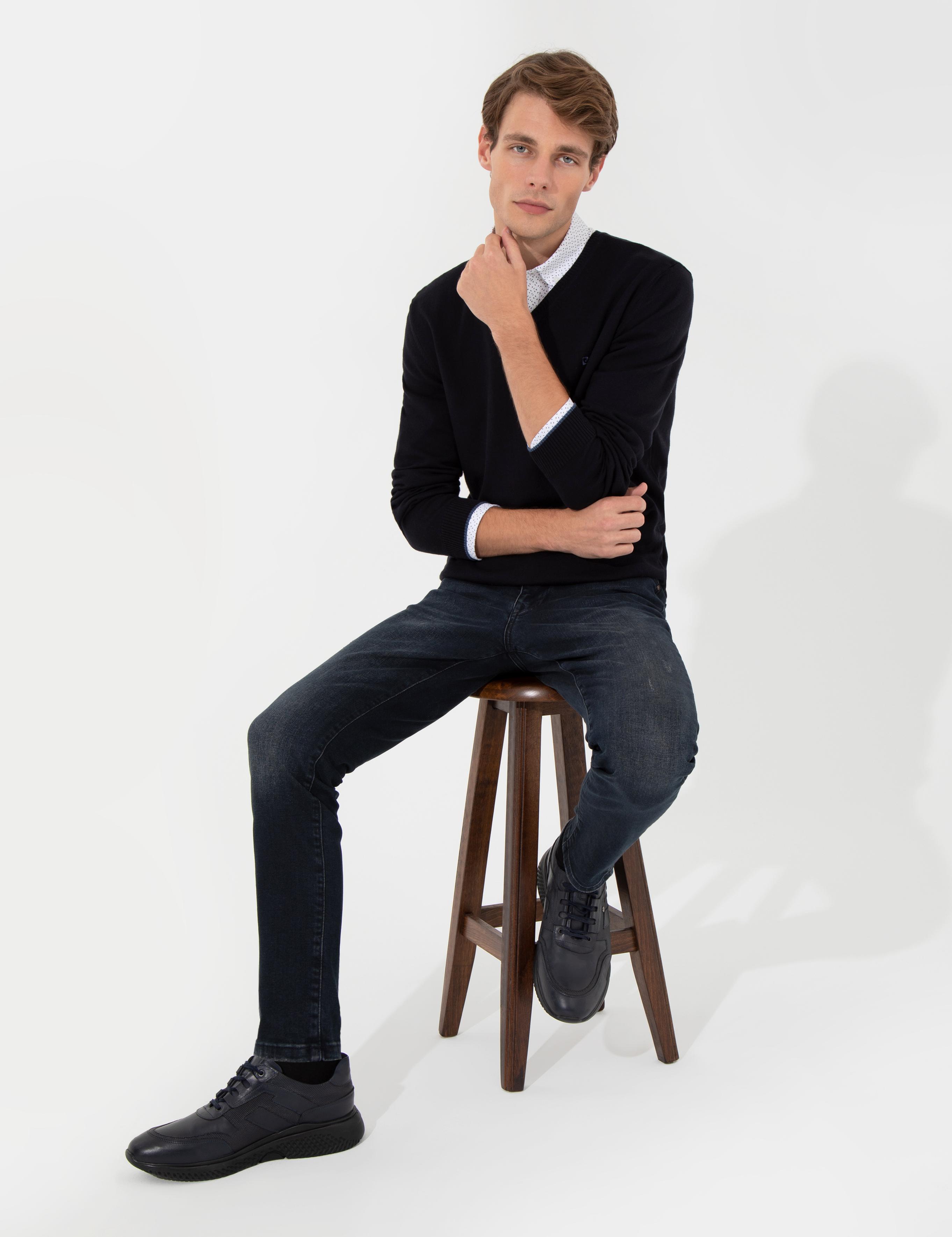 Lacivert Slim Fit V Yaka Basic Triko Kazak