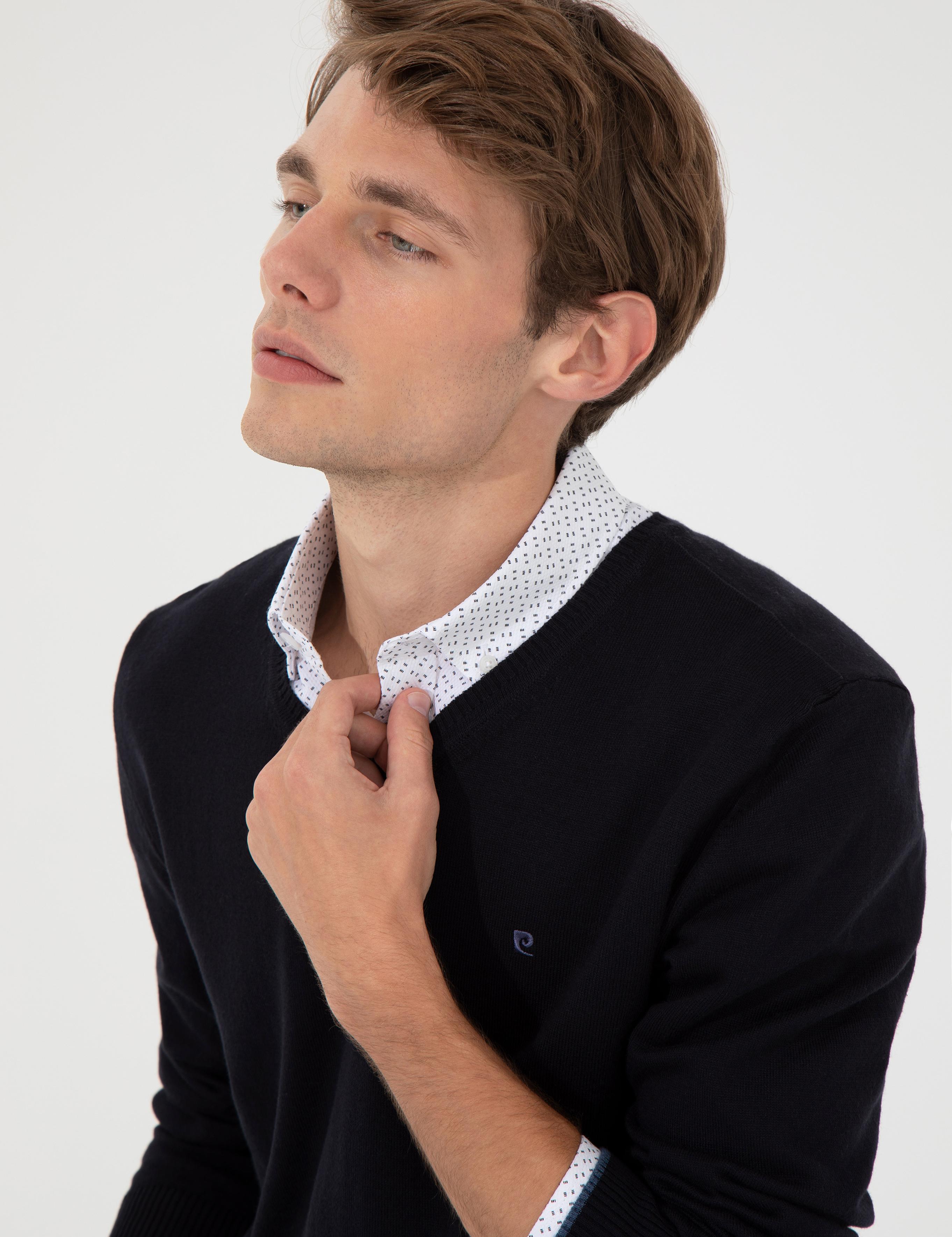 Lacivert Slim Fit V Yaka Basic Triko Kazak