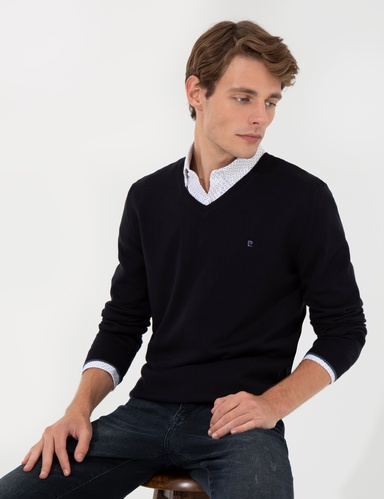 Lacivert Slim Fit V Yaka Basic Triko Kazak