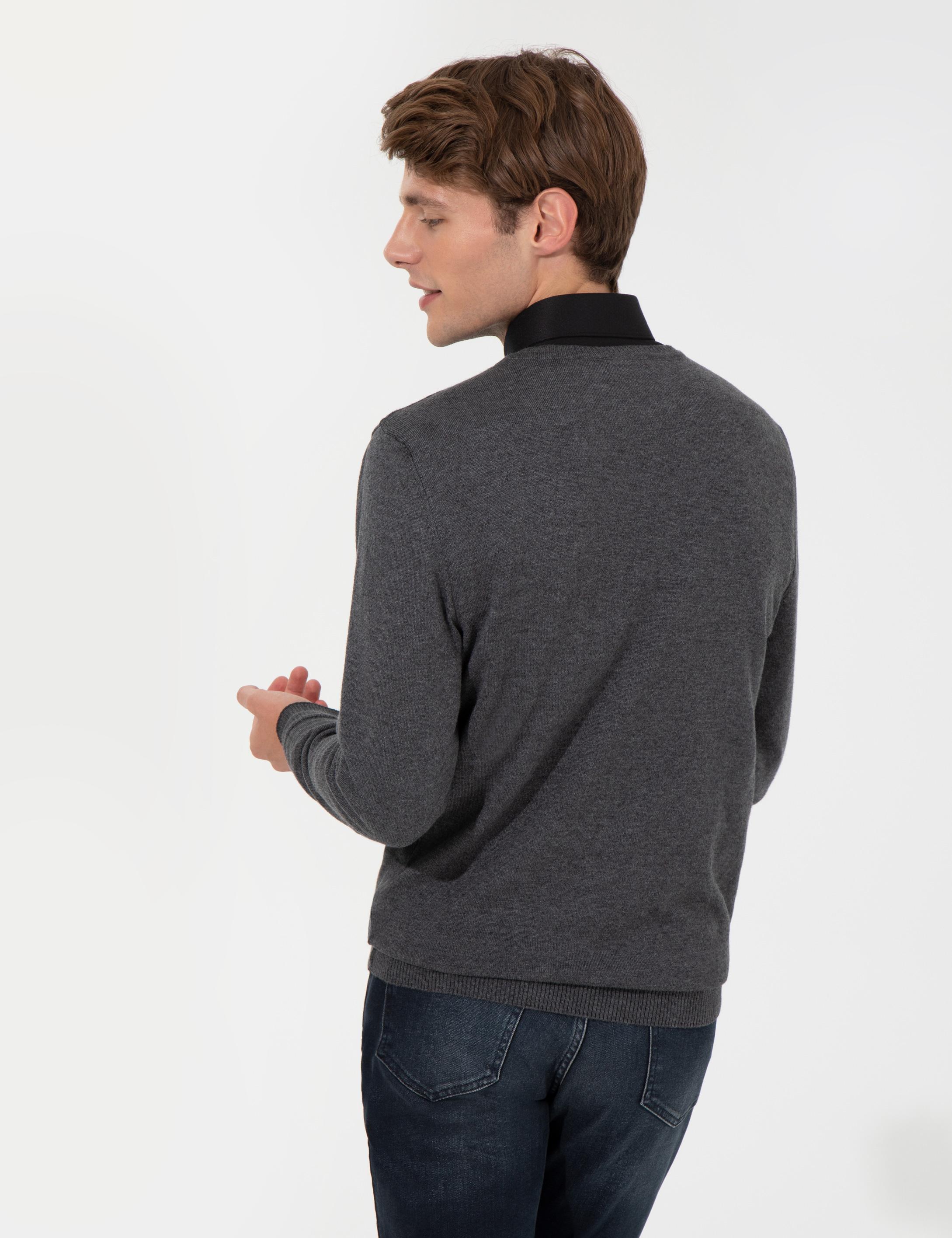 Gri Melanj Slim Fit V Yaka Basic Triko Kazak