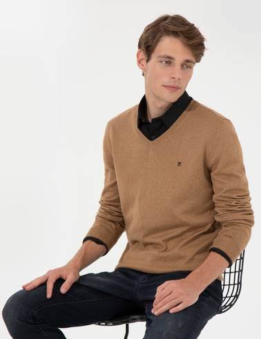 Camel Melanj Slim Fit V Yaka Basic Triko Kazak