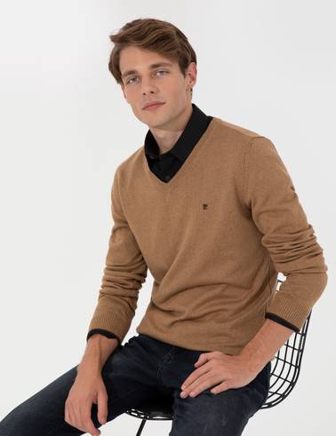 Camel Melanj Slim Fit V Yaka Basic Triko Kazak