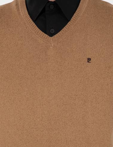 Camel Melanj Slim Fit V Yaka Basic Triko Kazak
