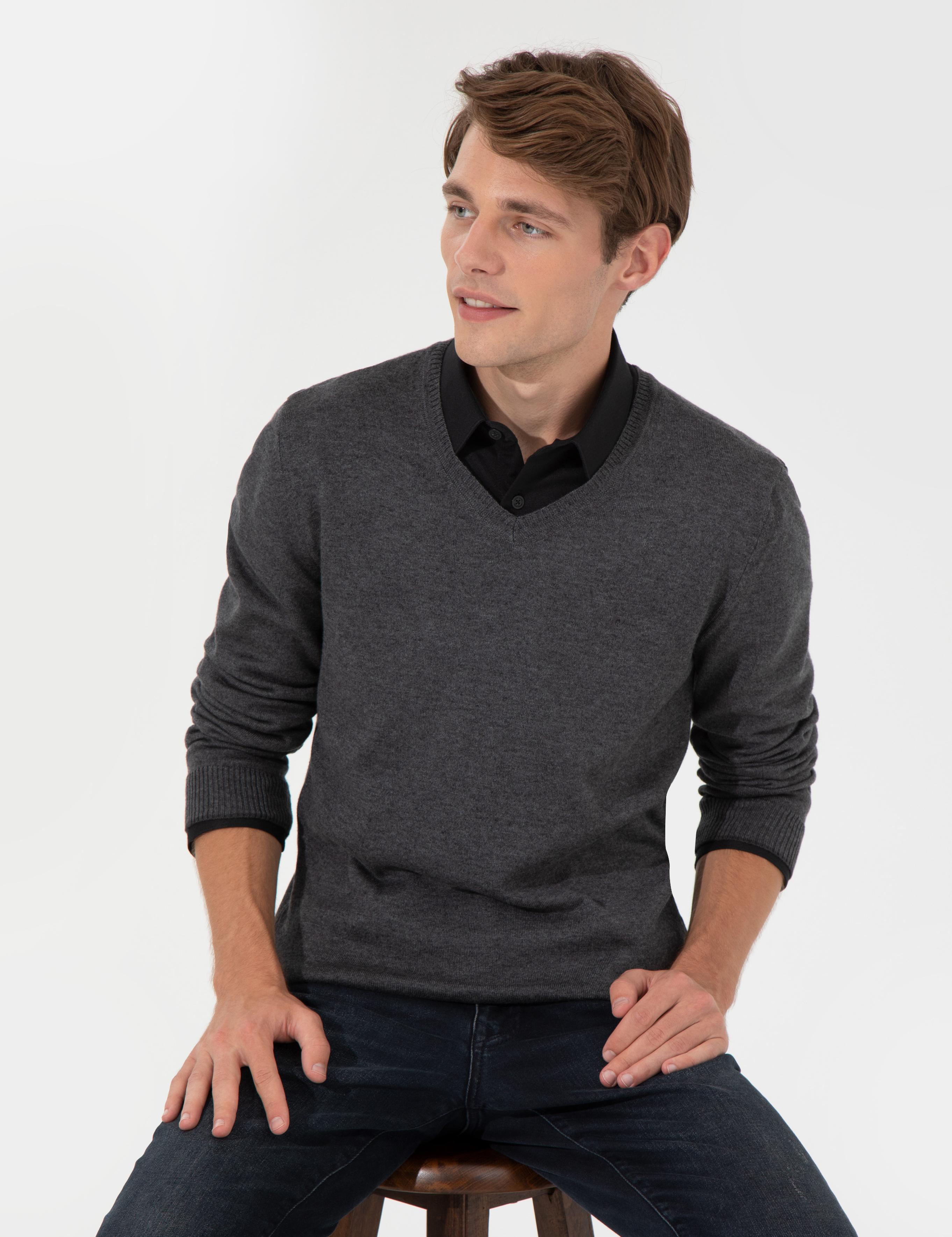 Gri Melanj Slim Fit V Yaka Basic Triko Kazak