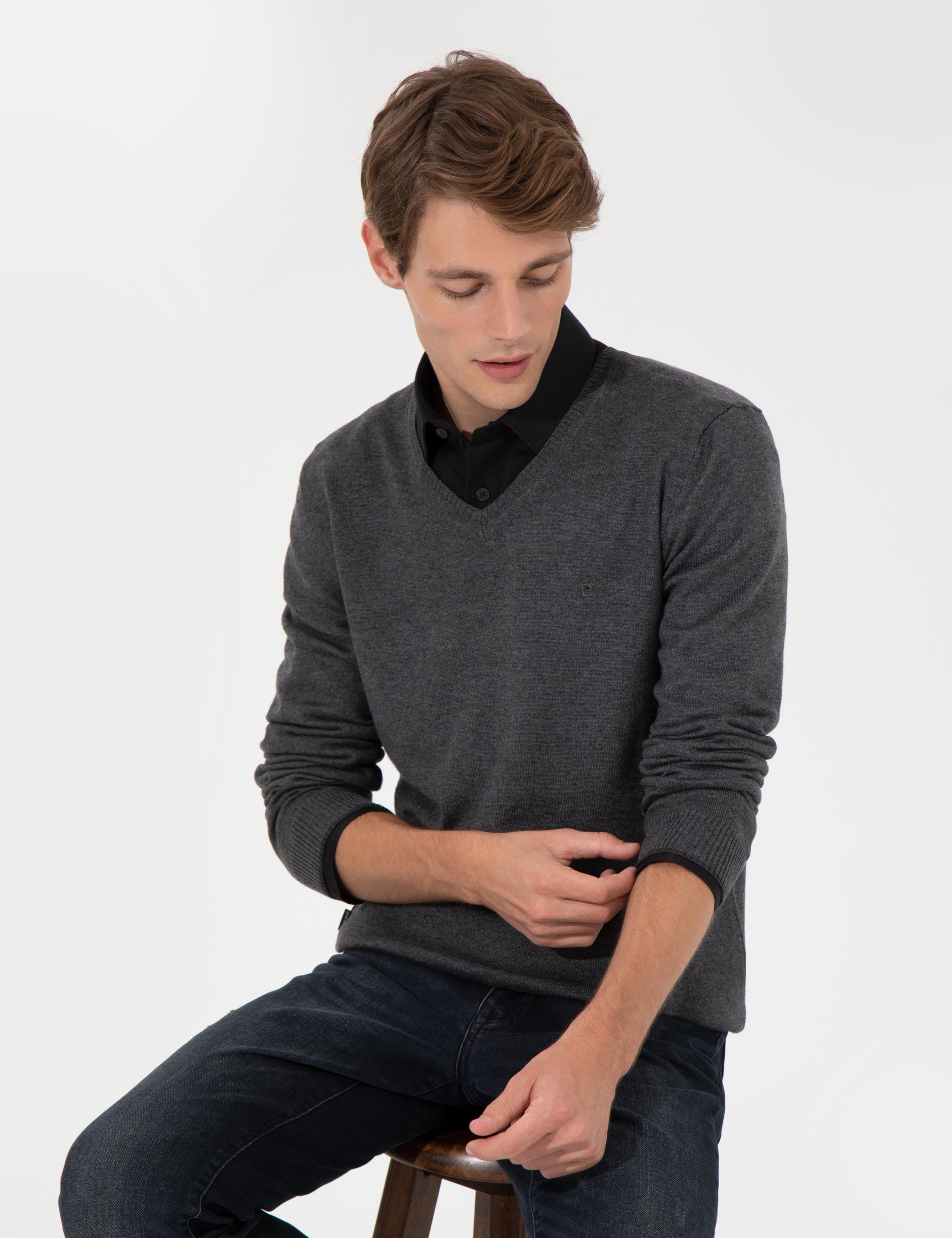 Gri Melanj Slim Fit V Yaka Basic Triko Kazak