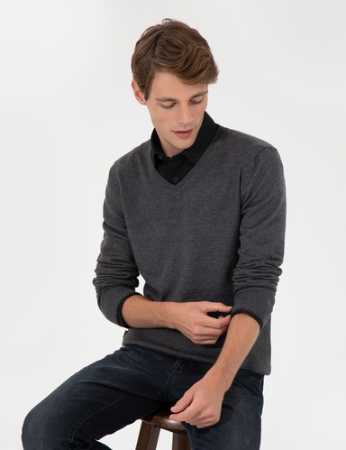 Gri Melanj Slim Fit V Yaka Basic Triko Kazak