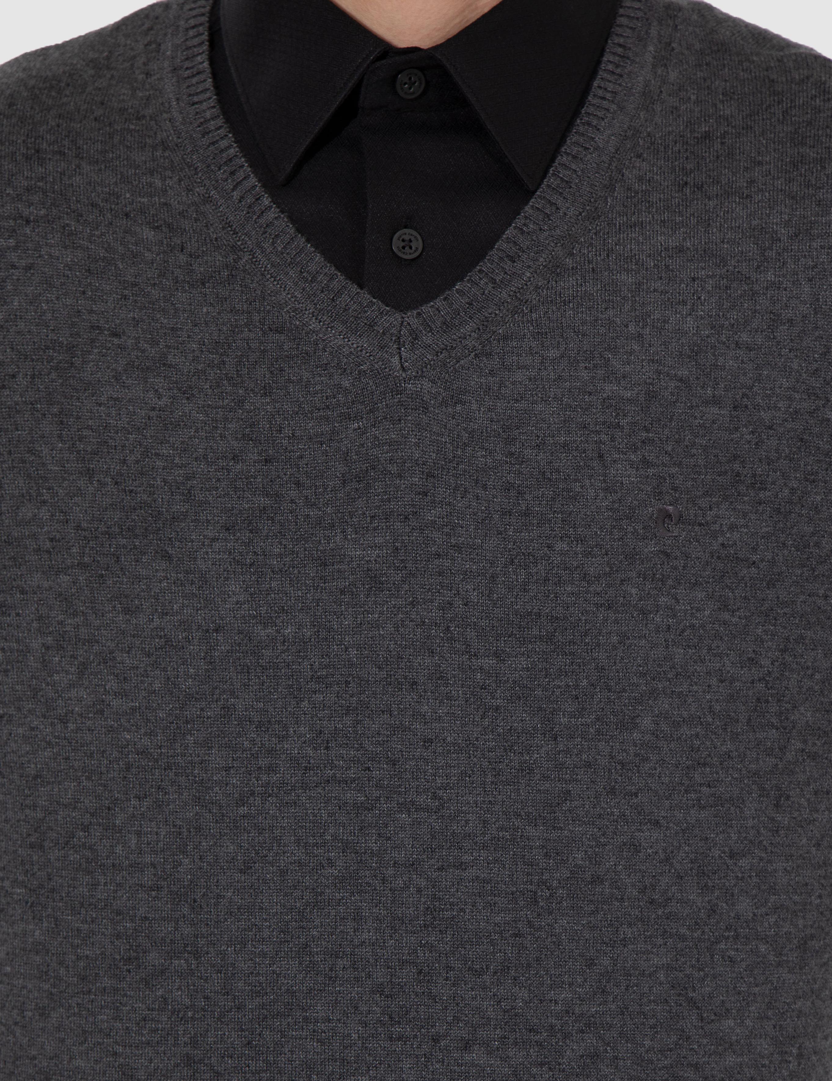 Gri Melanj Slim Fit V Yaka Basic Triko Kazak