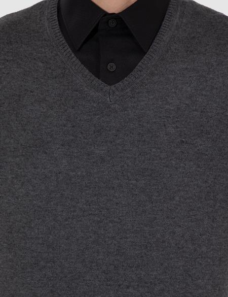 Gri Melanj Slim Fit V Yaka Basic Triko Kazak - 50248554019