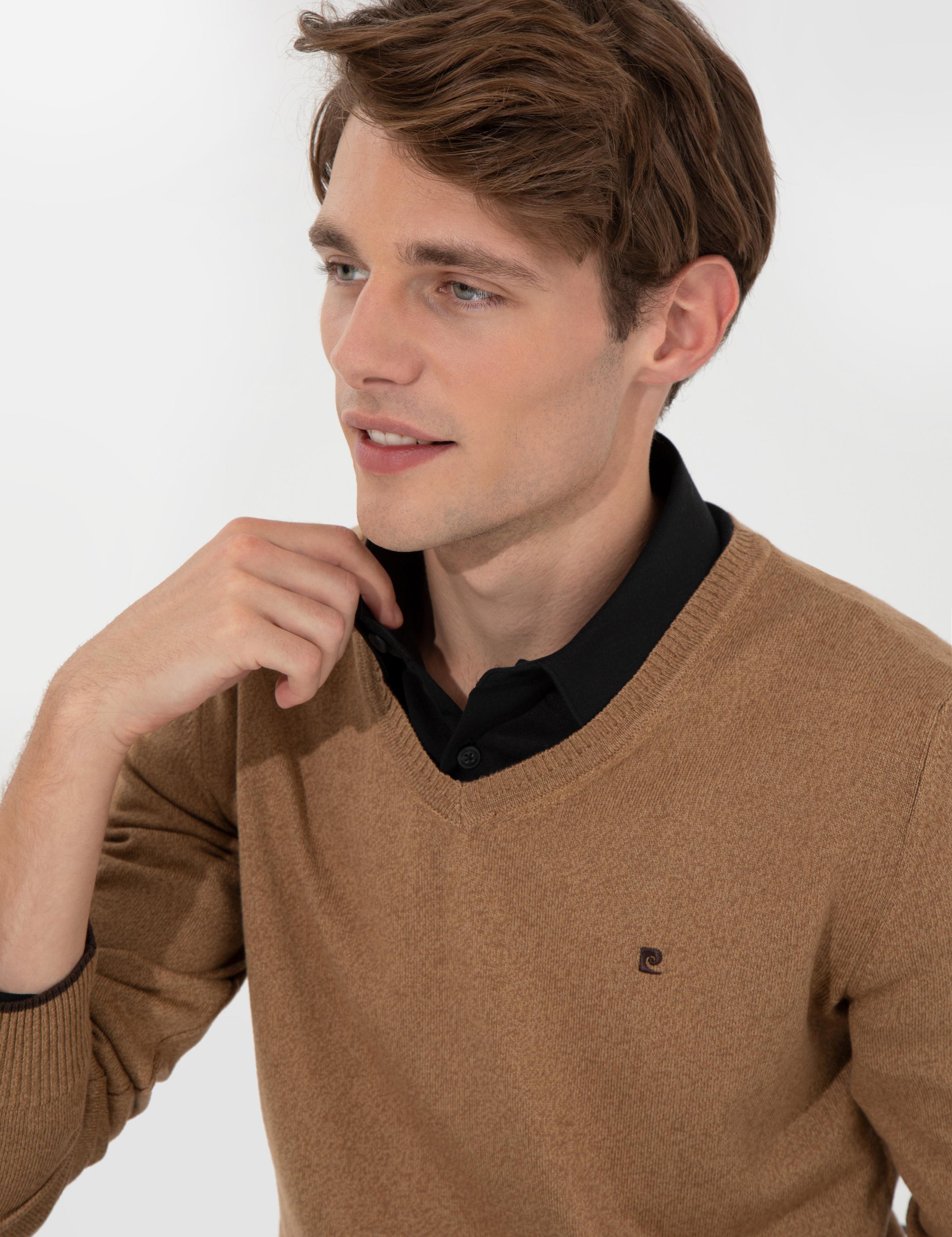 Camel Melanj Slim Fit V Yaka Basic Triko Kazak