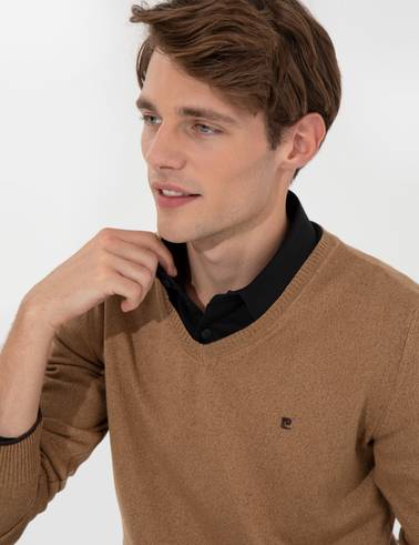 Camel Melanj Slim Fit V Yaka Basic Triko Kazak