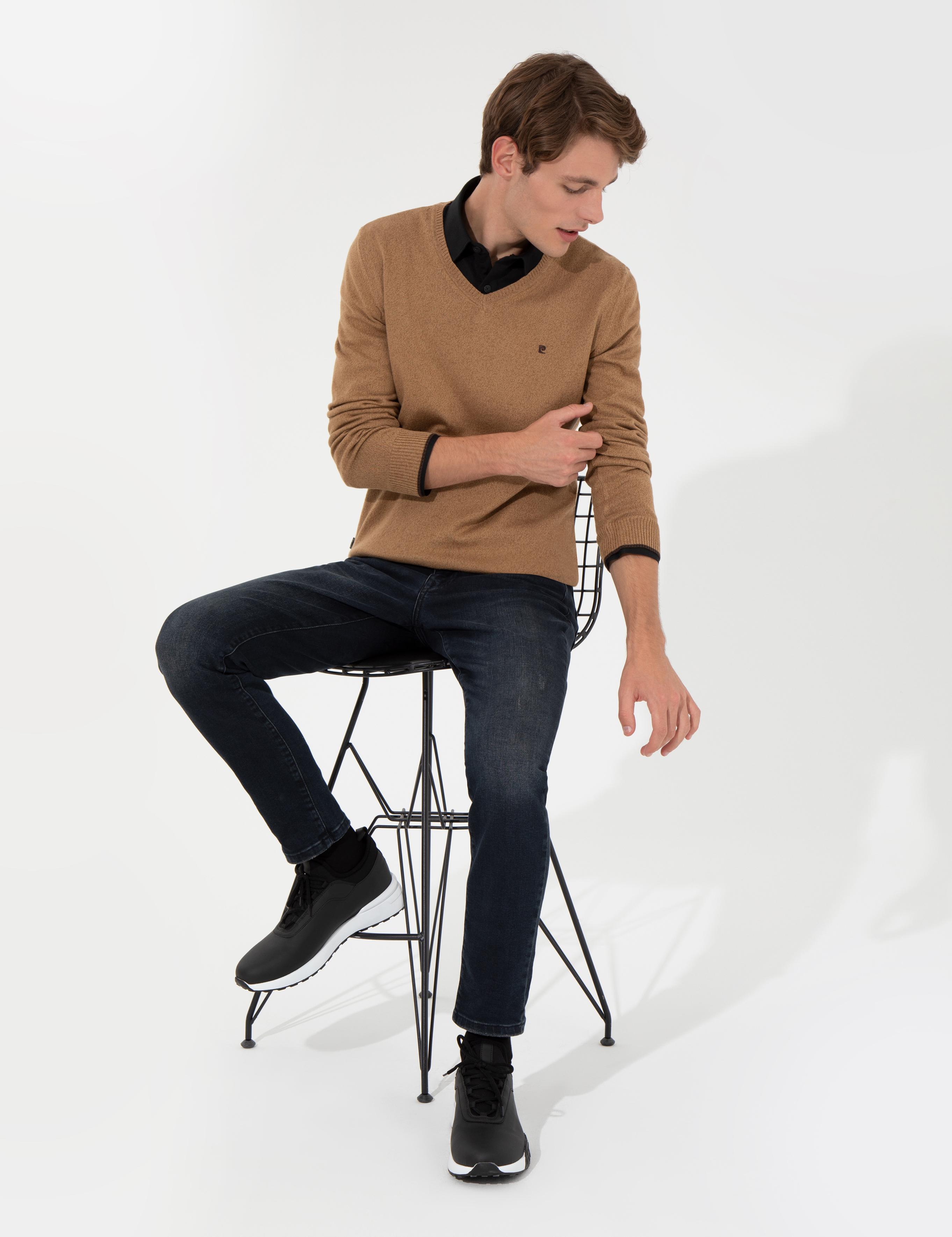 Camel Melanj Slim Fit V Yaka Basic Triko Kazak