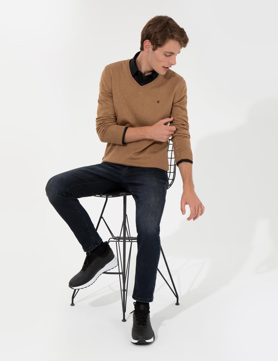 Camel Melanj Slim Fit V Yaka Basic Triko Kazak