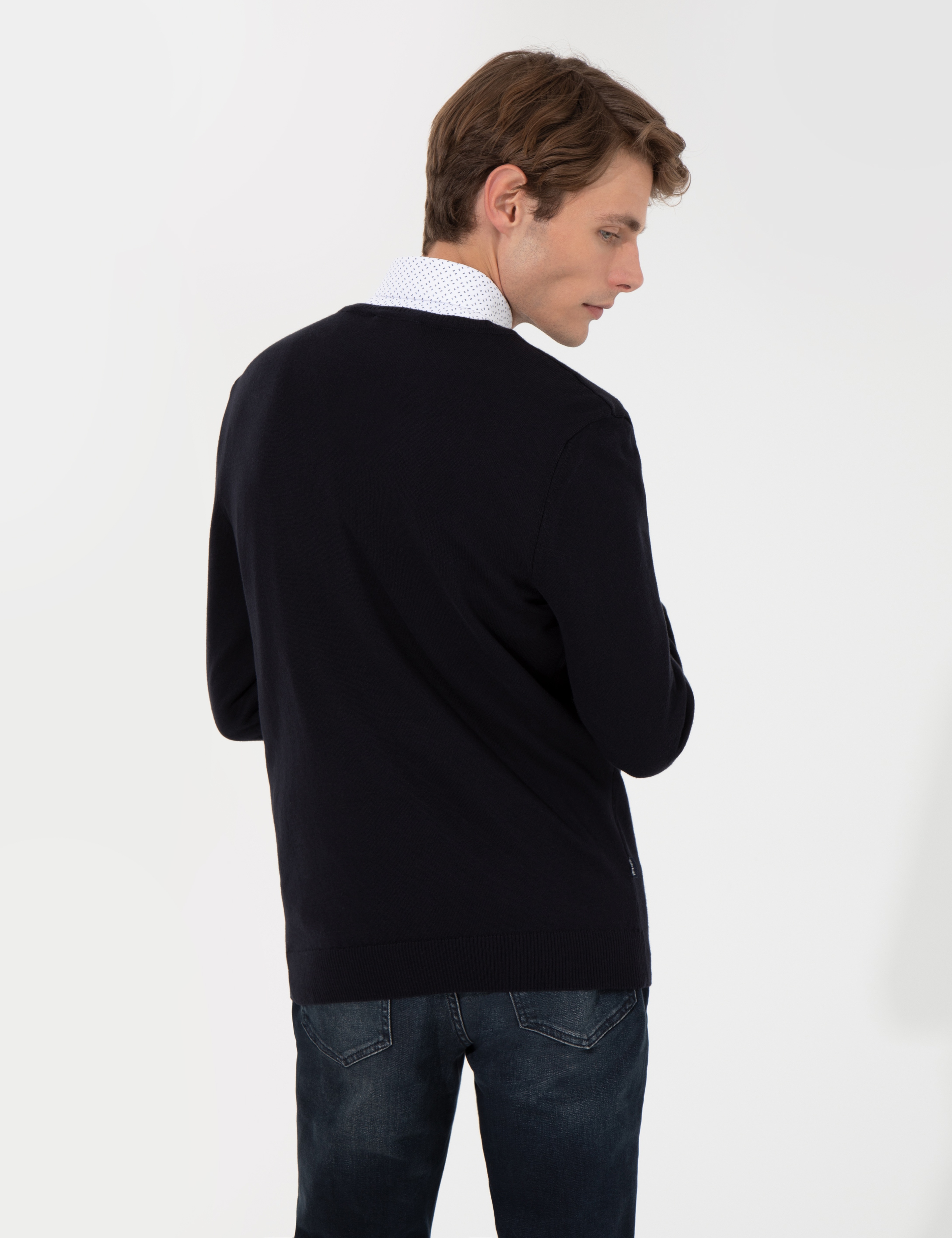Lacivert Slim Fit V Yaka Basic Triko Kazak - Image 5