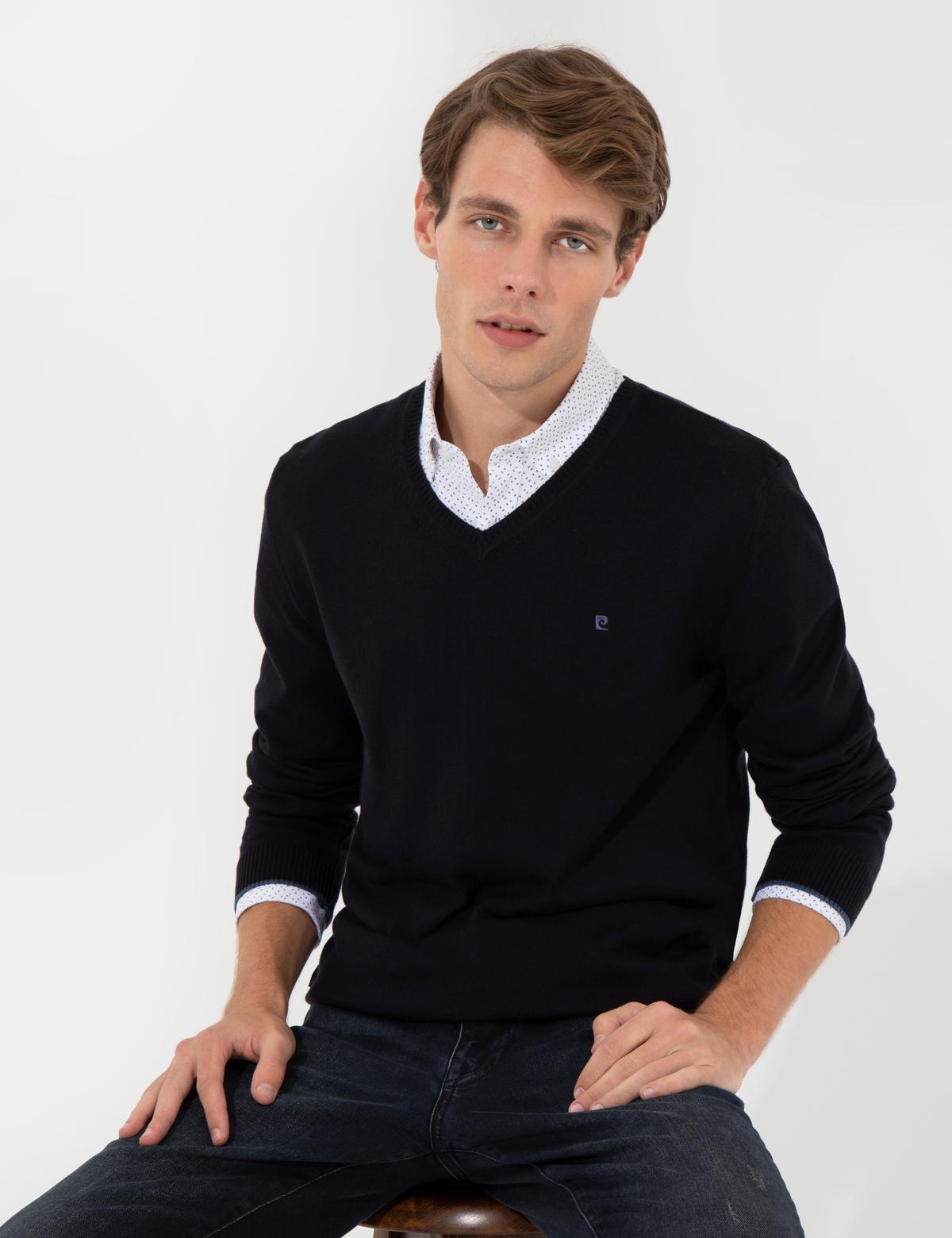 Lacivert Slim Fit V Yaka Basic Triko Kazak - 50248554008