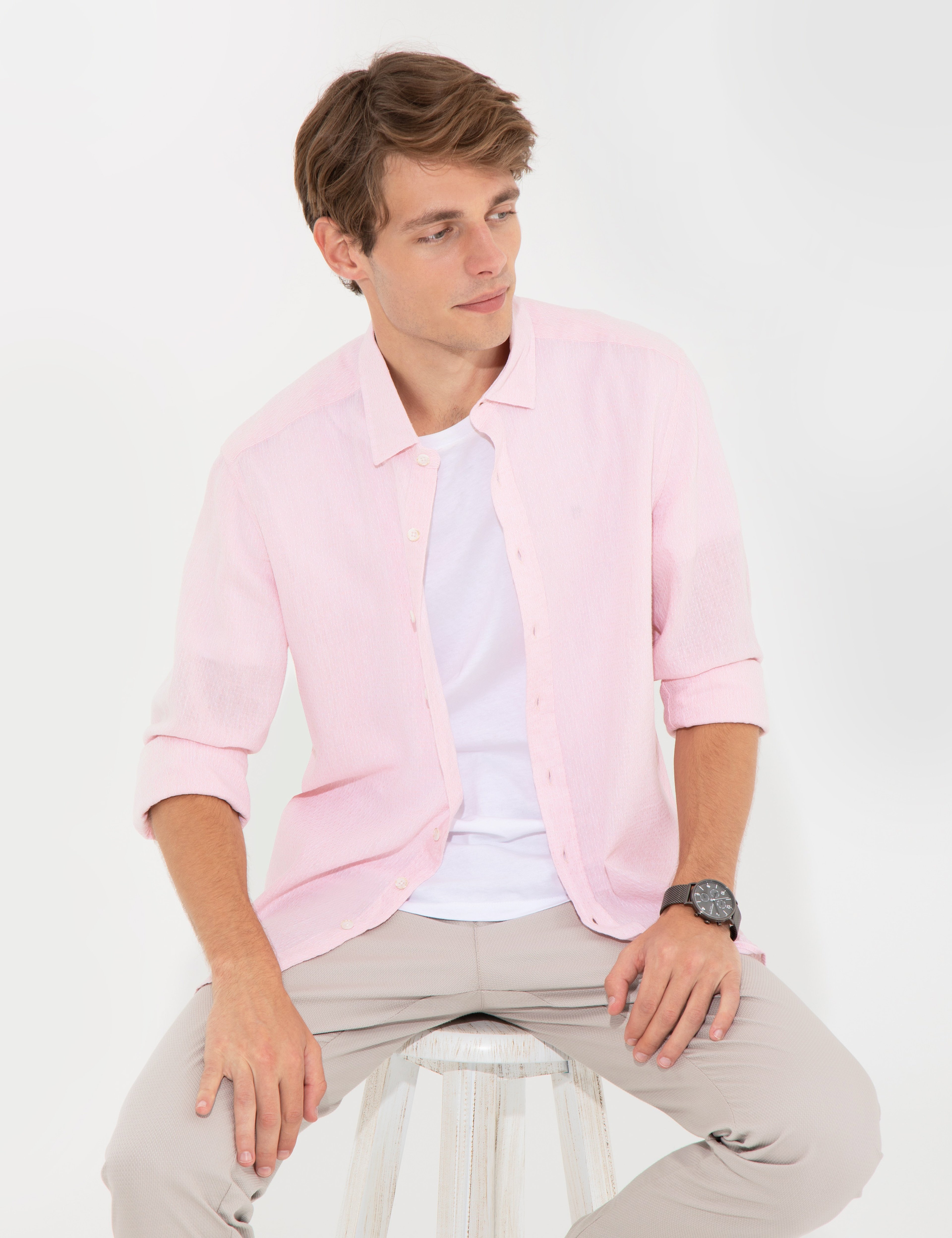 Pembe Regular Fit Uzun Kollu Gömlek - Image 4
