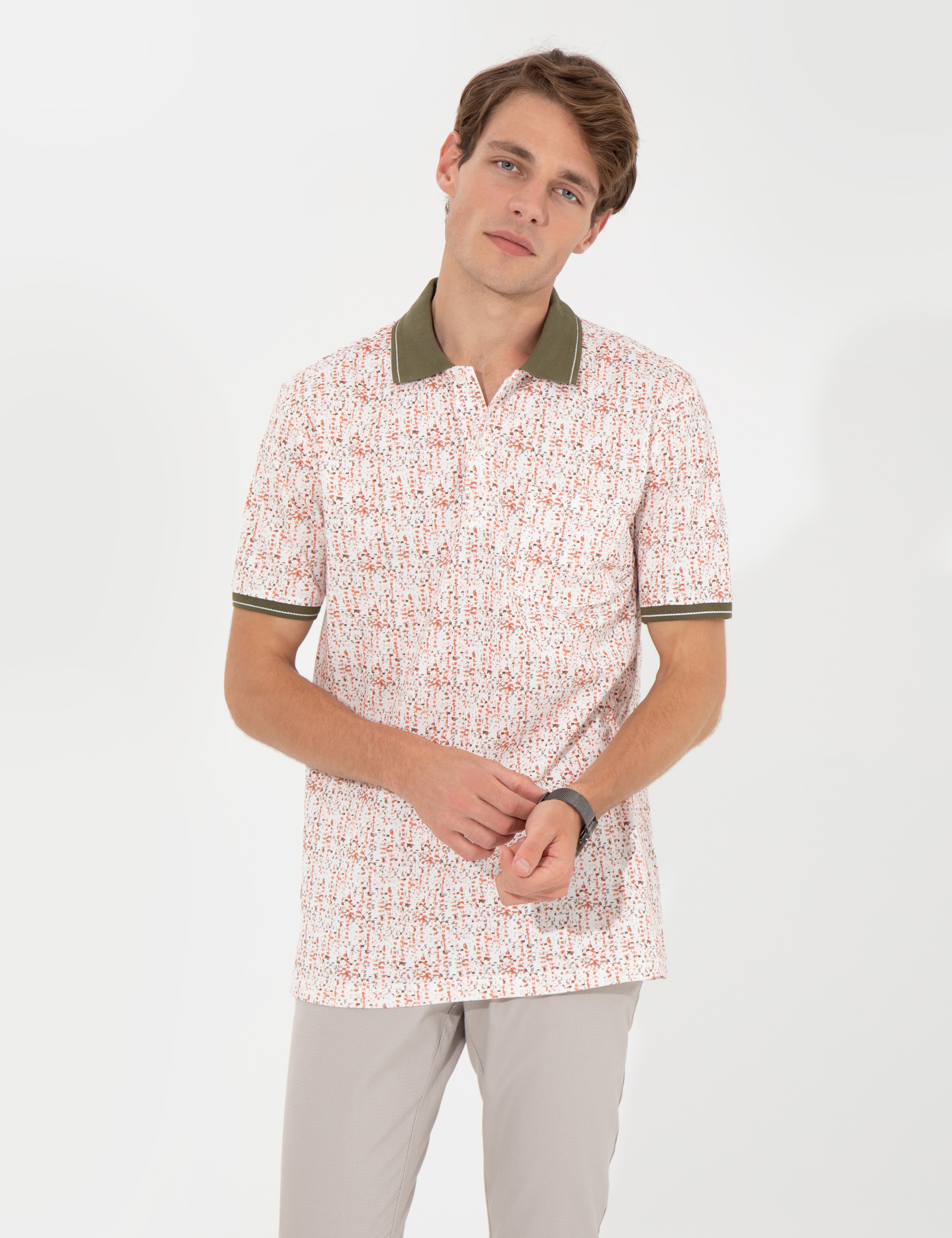 Haki Regular Fit Desenli Polo Yaka Tişört