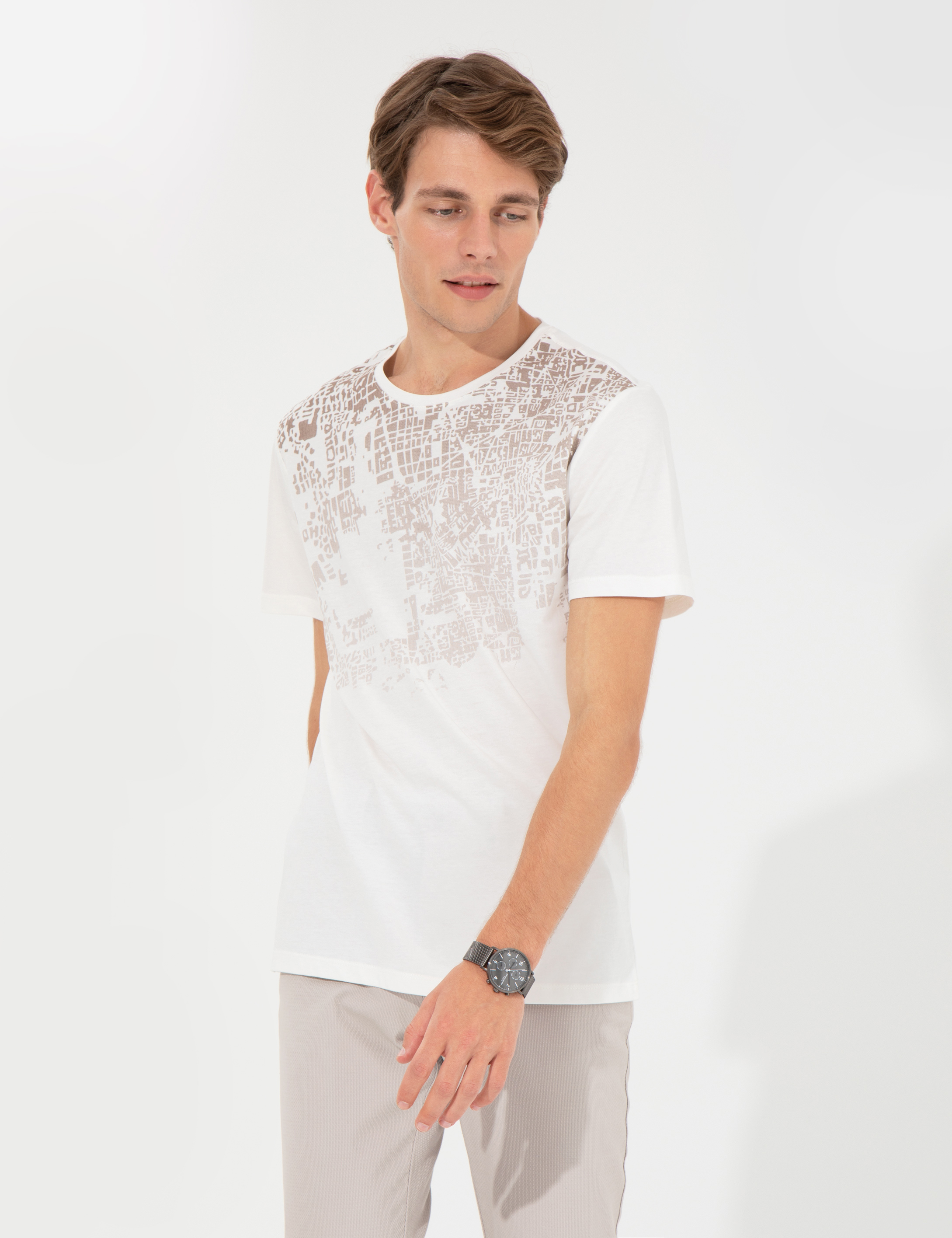 Ecru Slim Fit Baskılı Bisiklet Yaka Tişört - Image 3