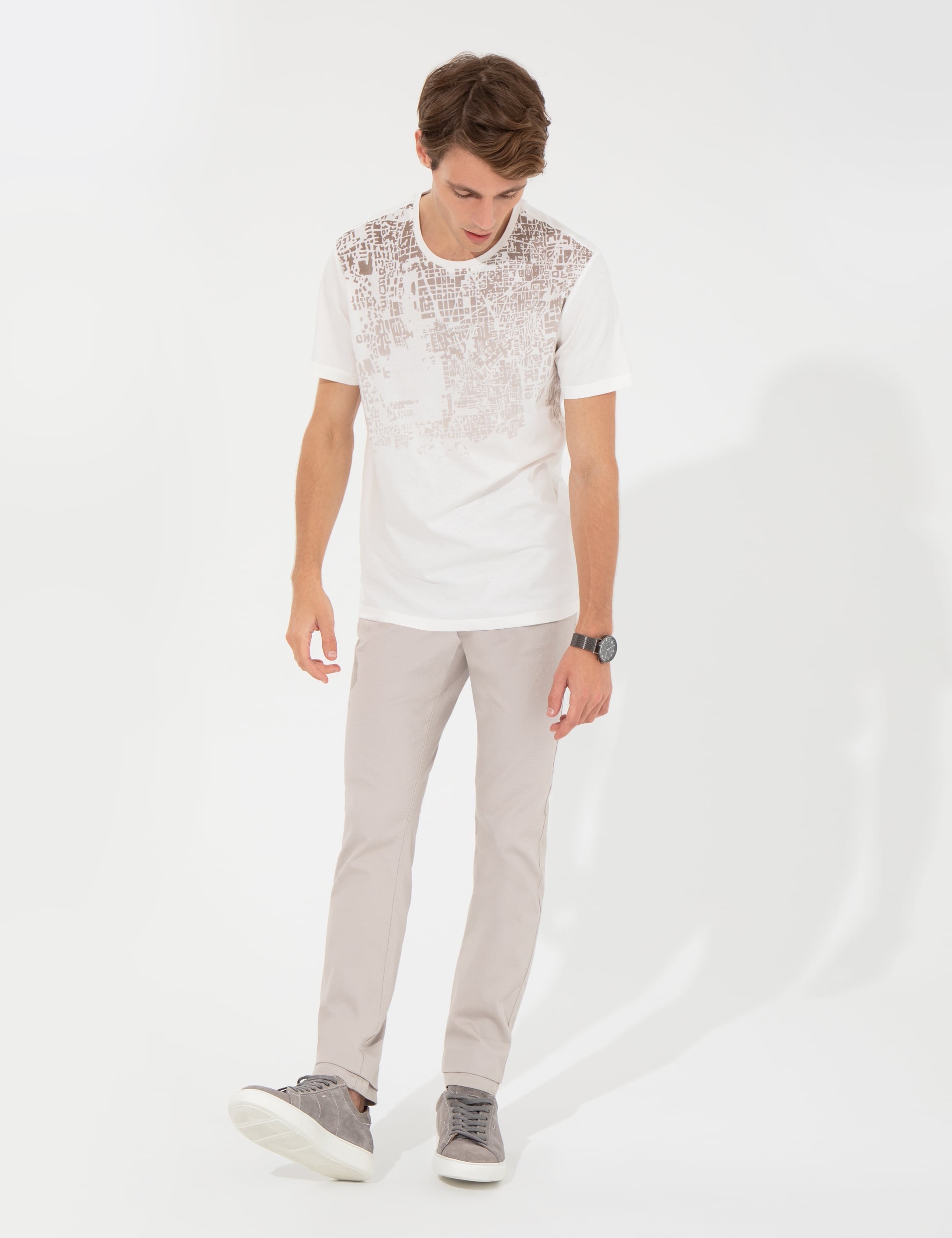 Ecru Slim Fit Baskılı Bisiklet Yaka Tişört - Image 4