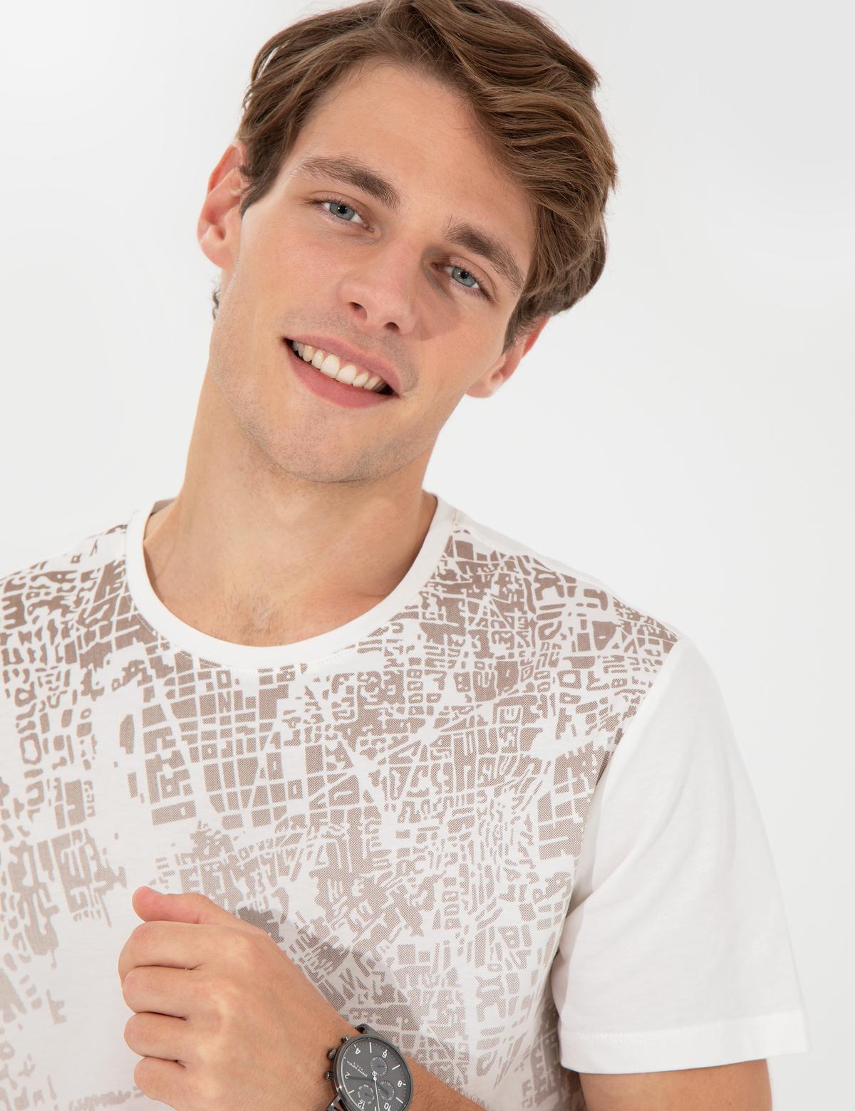 Ecru Slim Fit Baskılı Bisiklet Yaka Tişört - 50254026016