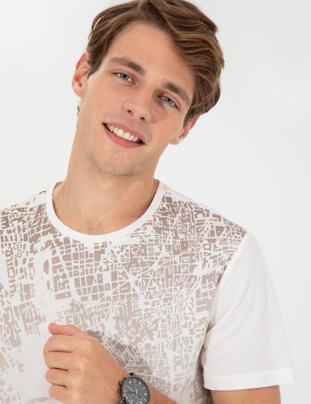 Ecru Slim Fit Baskılı Bisiklet Yaka Tişört - 50254026016