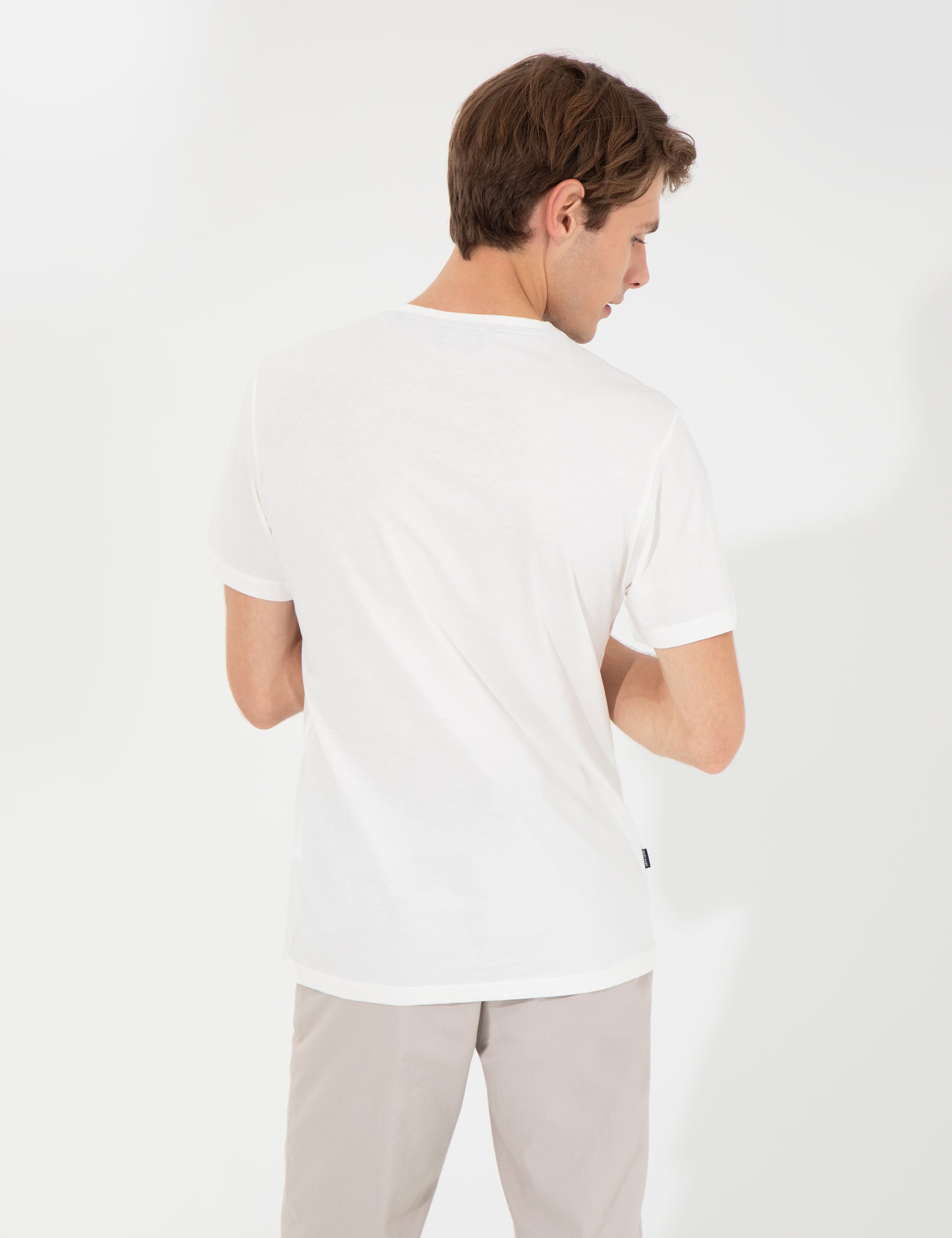 Ecru Slim Fit Baskılı Bisiklet Yaka Tişört - Image 5