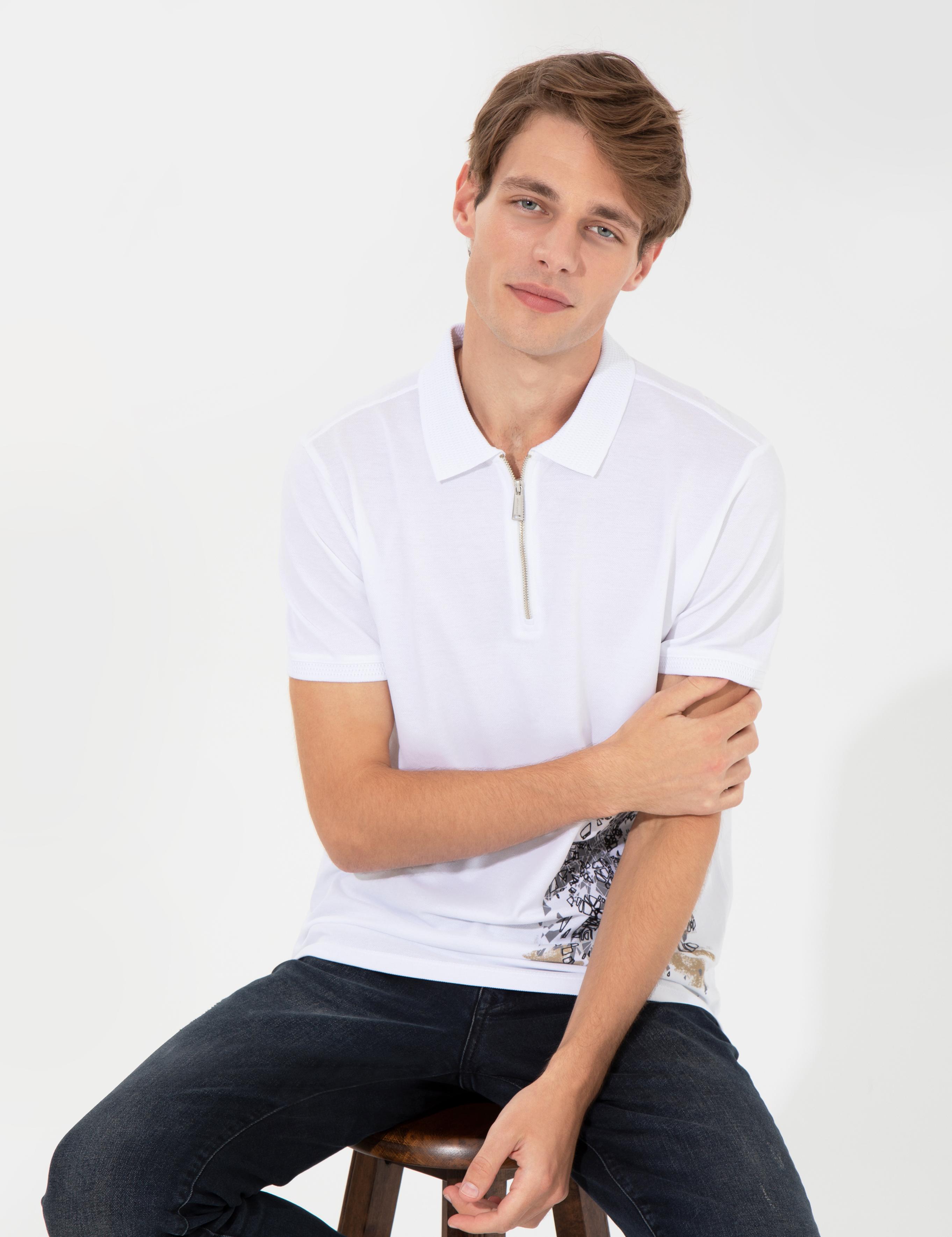 Beyaz Slim Fit Fermuarlı Polo Yaka Tişört