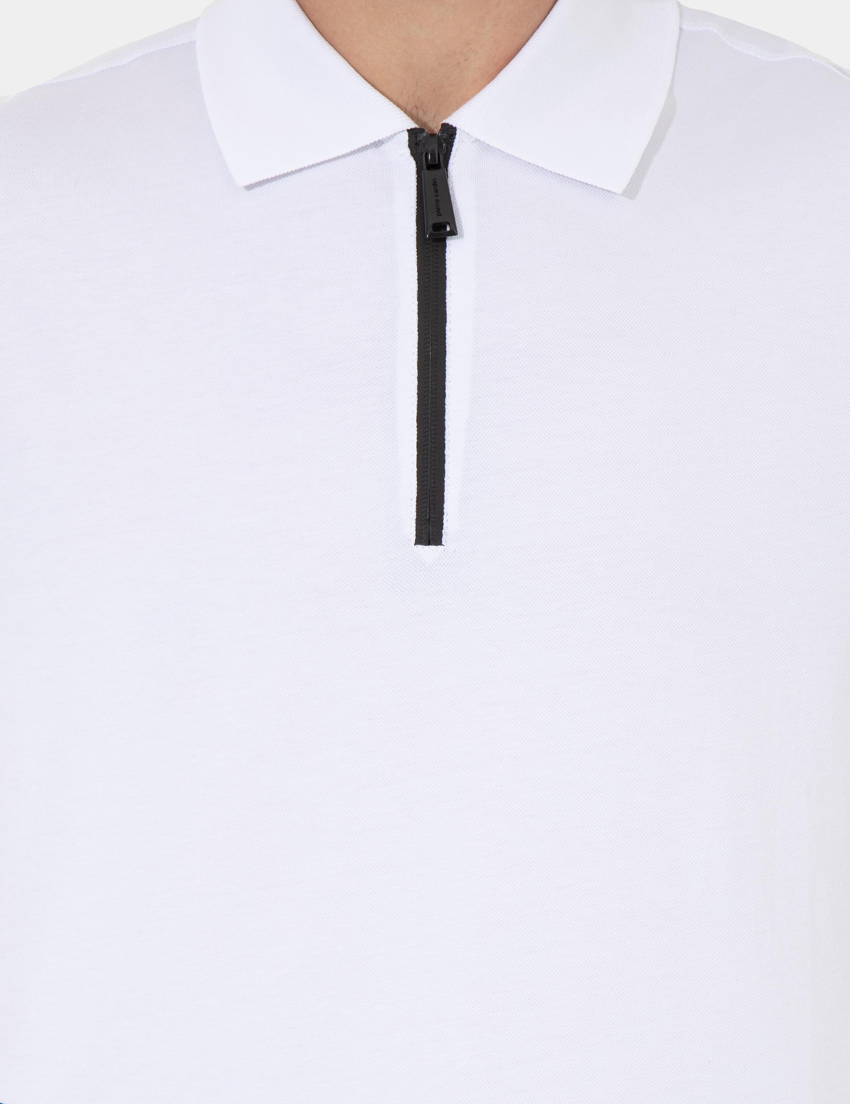 Beyaz Slim Fit Fermuarlı Polo Yaka Tişört