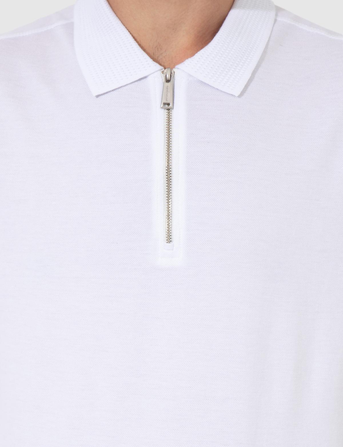 Beyaz Slim Fit Fermuarlı Polo Yaka Tişört - 50249828036