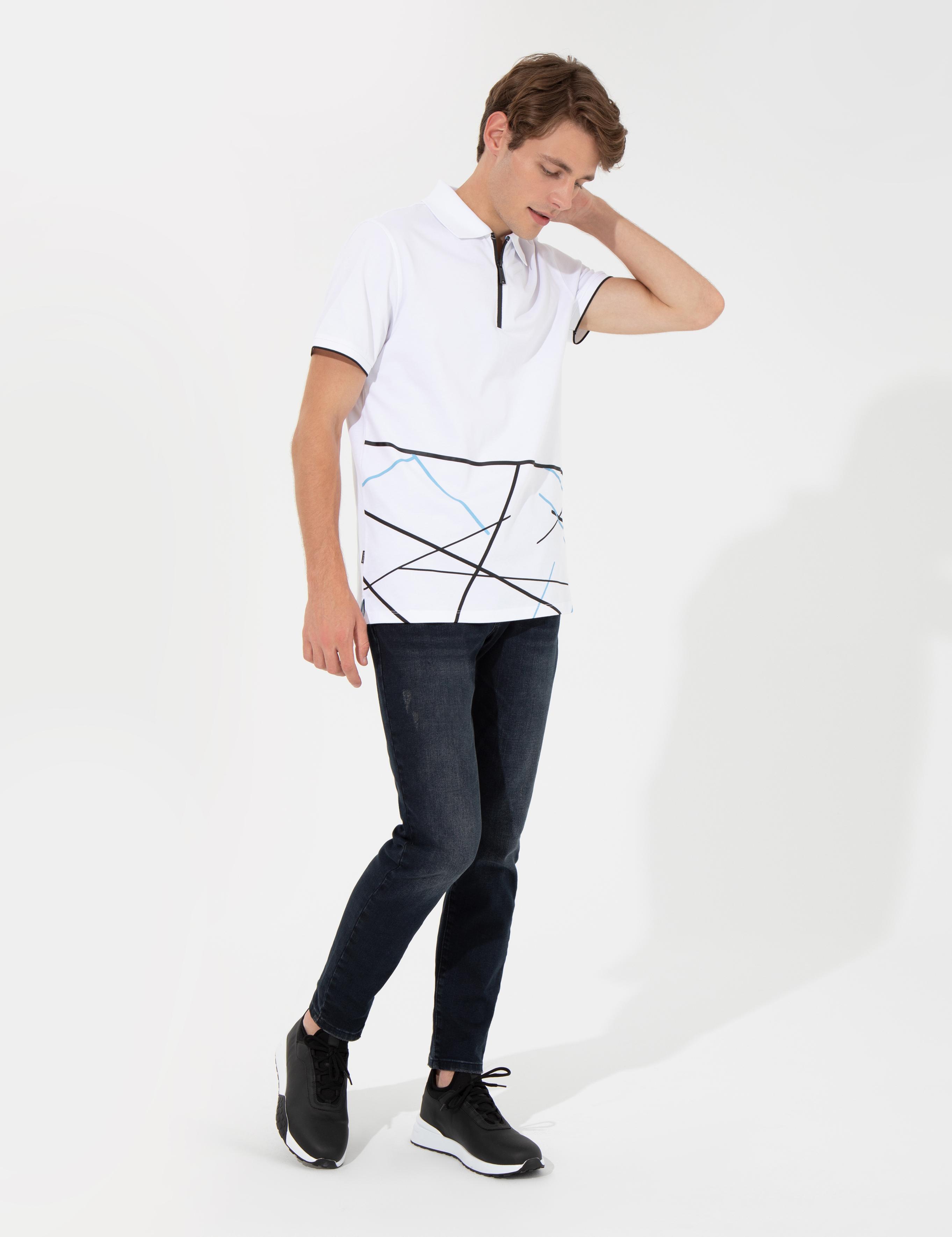 Beyaz Slim Fit Fermuarlı Polo Yaka Tişört