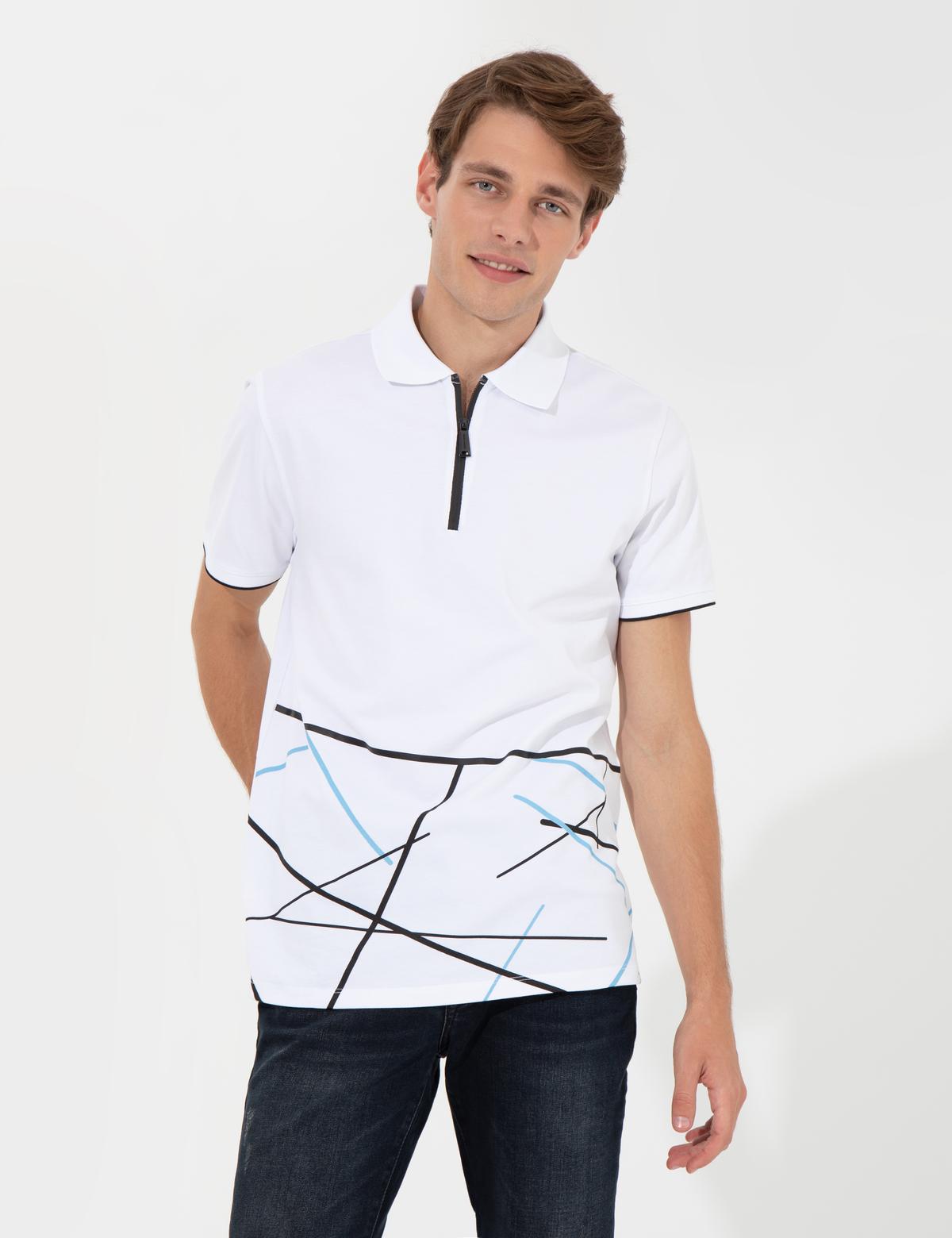 Beyaz Slim Fit Fermuarlı Polo Yaka Tişört