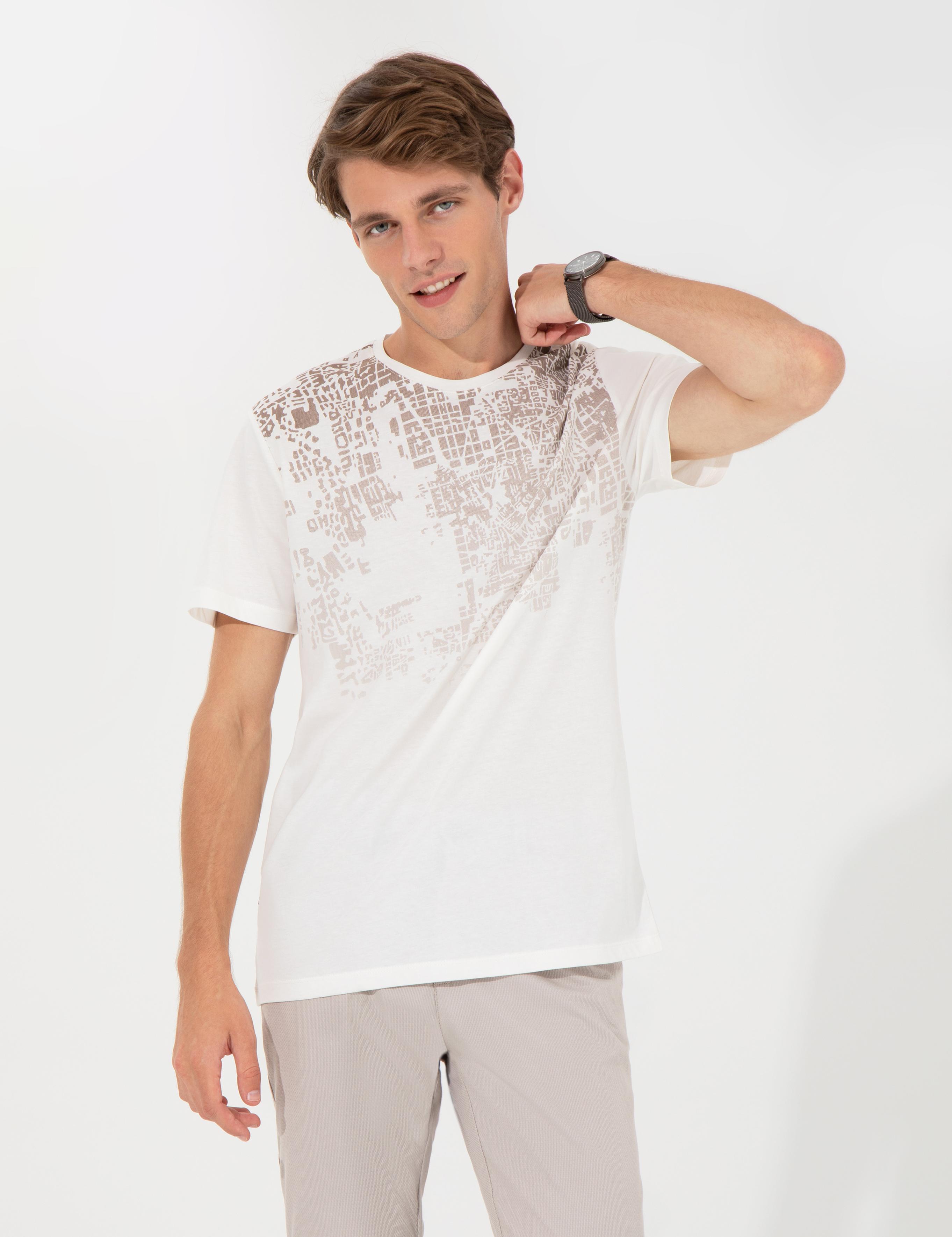 Ecru Slim Fit Baskılı Bisiklet Yaka Tişört